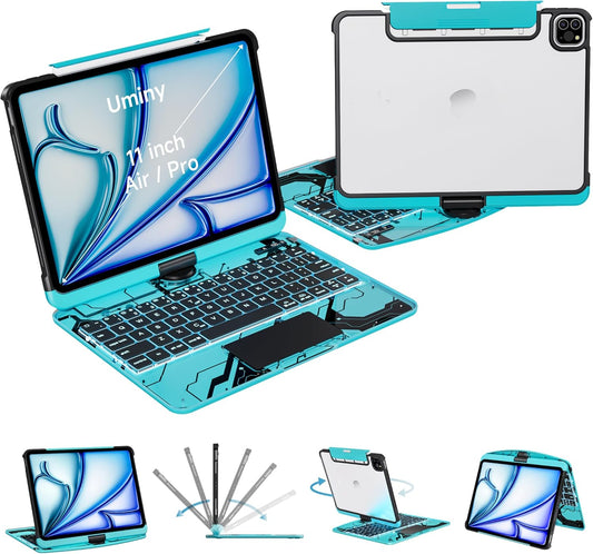 Keyboard Case for iPad 11 inch Pro 4/3/2/1st Gen & 11’’ iPad Air 2025 M3, 2024 M2 & 10.9" iPad Air 5th/4th Gen, 360° Rotating Stand Transparent Protective Cover with Pencil Holder (Cyan)
