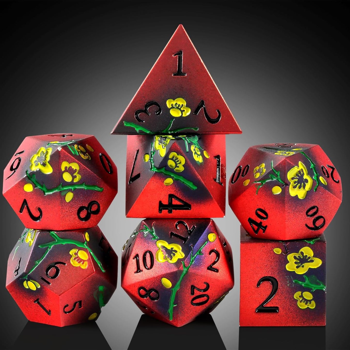 DNDND Metal Dice, 7 PCS Metallic Flowers D&D Dice with Gorgeous Gift Case for D&D Dungeons and Dragon Tabletop Game (Red and Yellow)