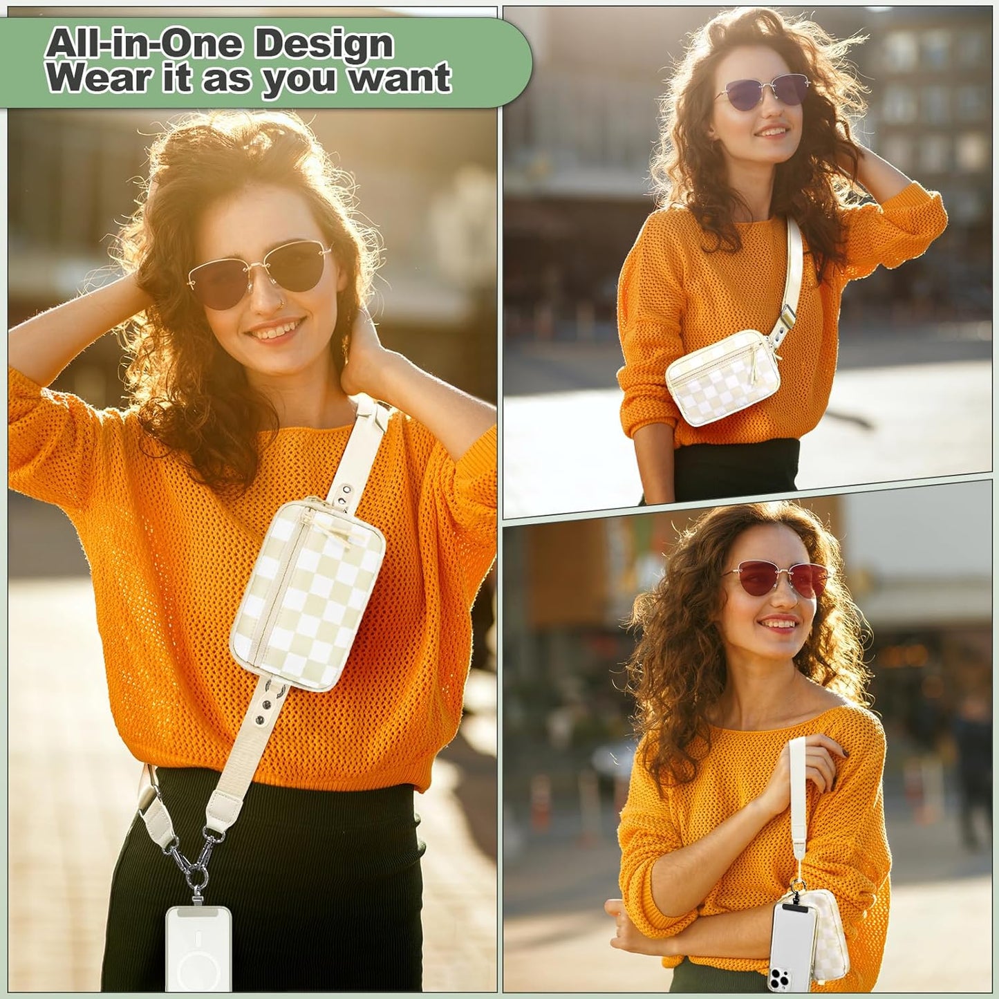 Clip and Go Strap for Phone with Wallet Crossbody, Adjustable Phone Lanyard with Detachable RFID Wristlet Wallet, Phone Strap with Phone Tabs for All Phones, Cream Checkered (M)