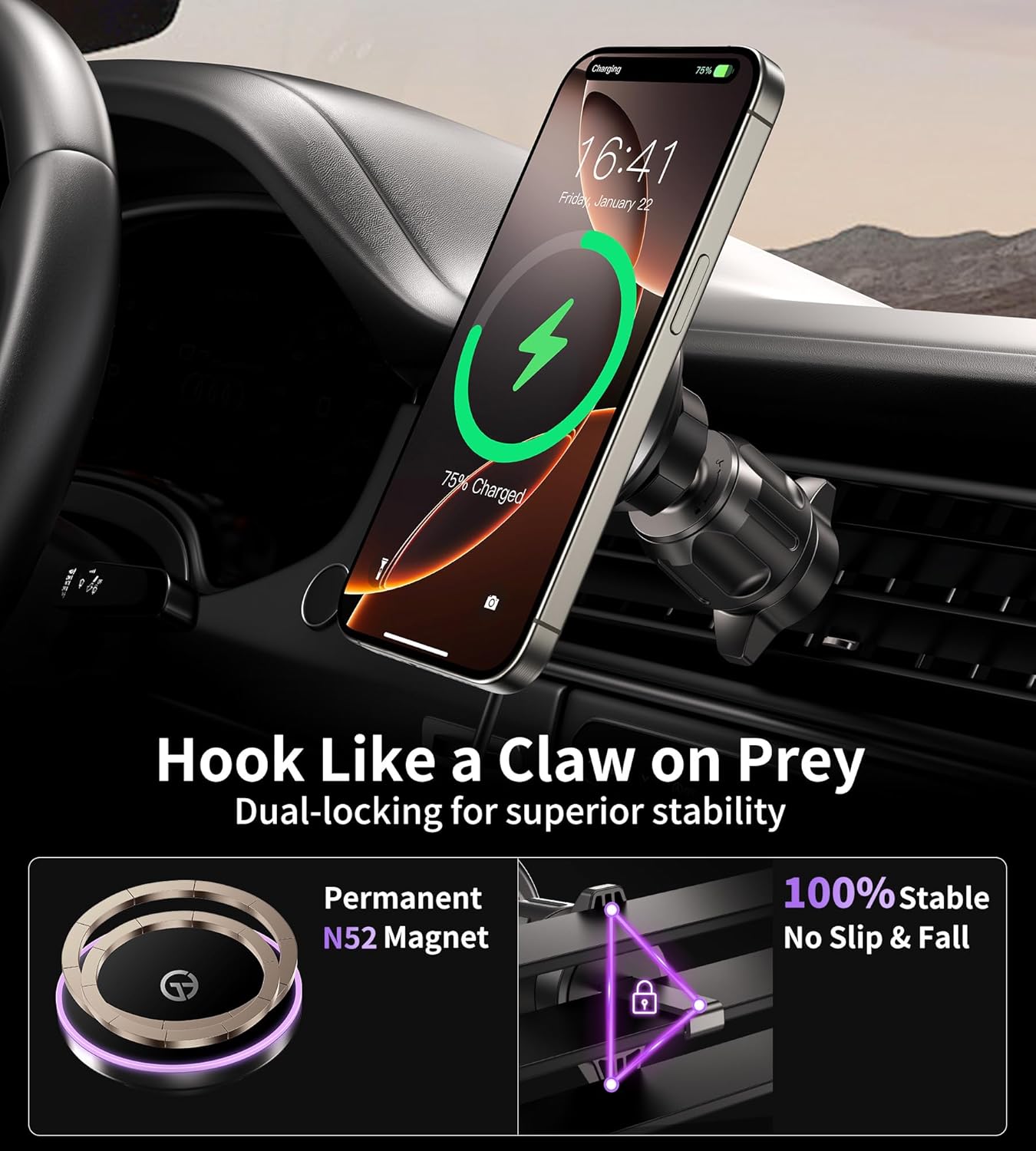 for MagSafe Car Mount Charger Dash Vent Windshield Wireless Car Charger with LED Light, Strong Magnetic Phone Holder for Car for iPhone 16 15 14 13 12 Series, Fit MagSafe Accessories (Purple)