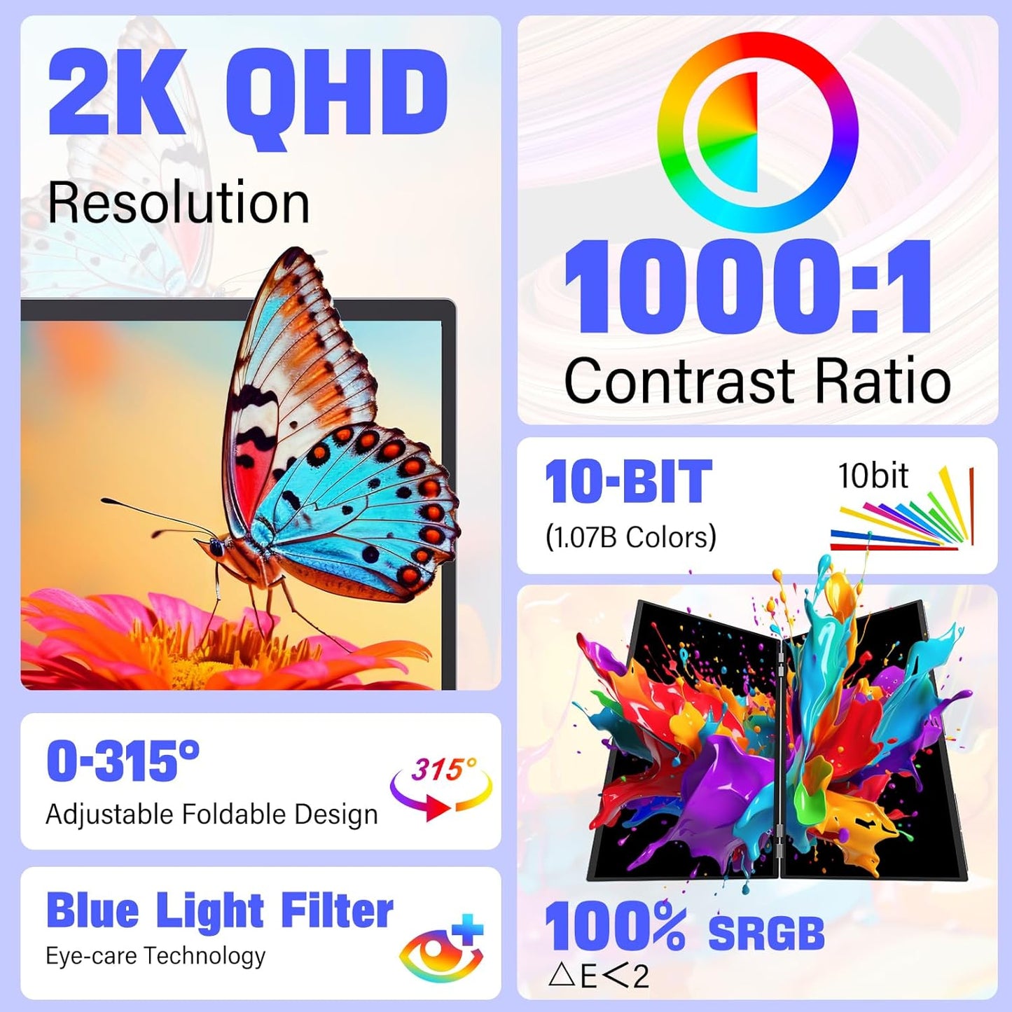 InnoView 23.8" Dual Monitor 2K QHD 2560 x 1440P Laptop Screen Extender 315°Adjustable Dual Monitor for MacBook Windows with DP Type-C HDMI Double Foldable Monitors(No Driver Needed)