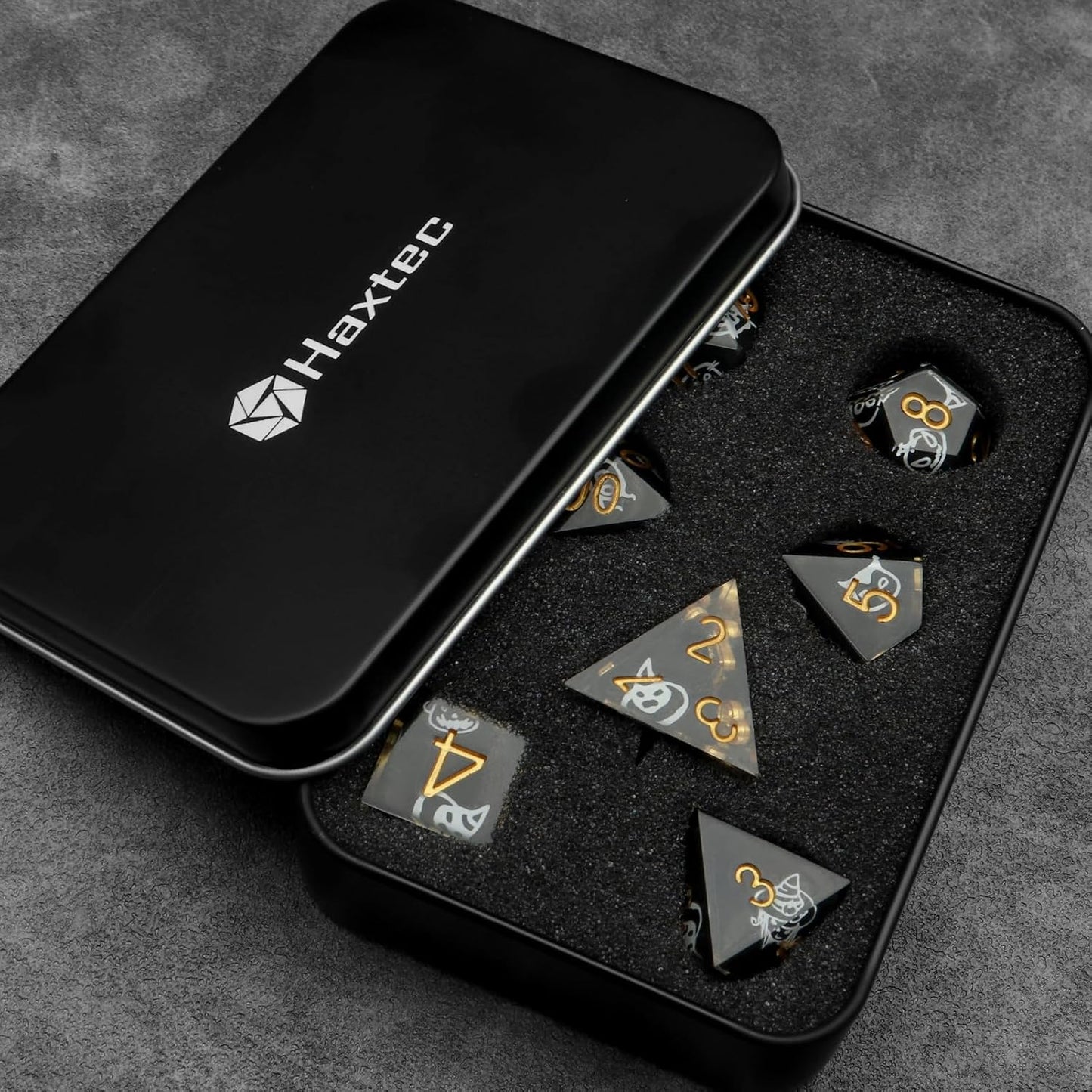 Haxtec Sticker Sharp Edge Dice Halloween Dice Resin DND Dice Set 7PCS Glow in The Dark Polyhedral D&D Dice for Compatible with Dungeons and Dragons