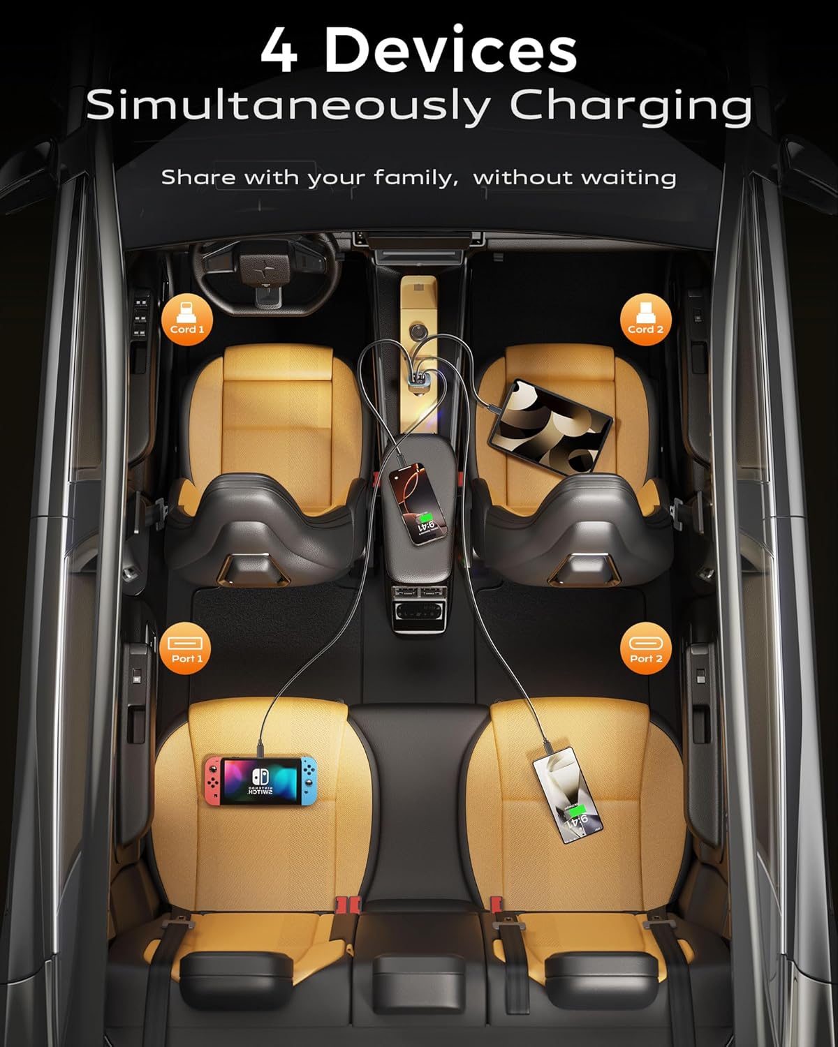 iPhone Car Charger, Retractable Fast USB C Phone Charger, 4 in 1 Cigarette Lighter Adapter with 2 Cables 30 Inch and 2 USB Ports, Multi Port USB Car Charging for iPhone 16/15/14/13/Pro Max