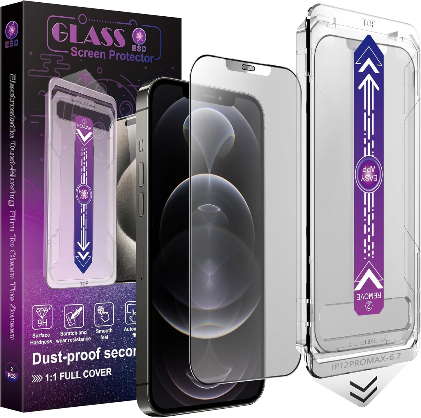 2 Pack Matte Screen Protector for iPhone 12 Pro Max, 9H Tempered Glass, Full Coverage, Anti-Fingerprint, Auto Dust-Elimination, No Bubble, Easy Installation