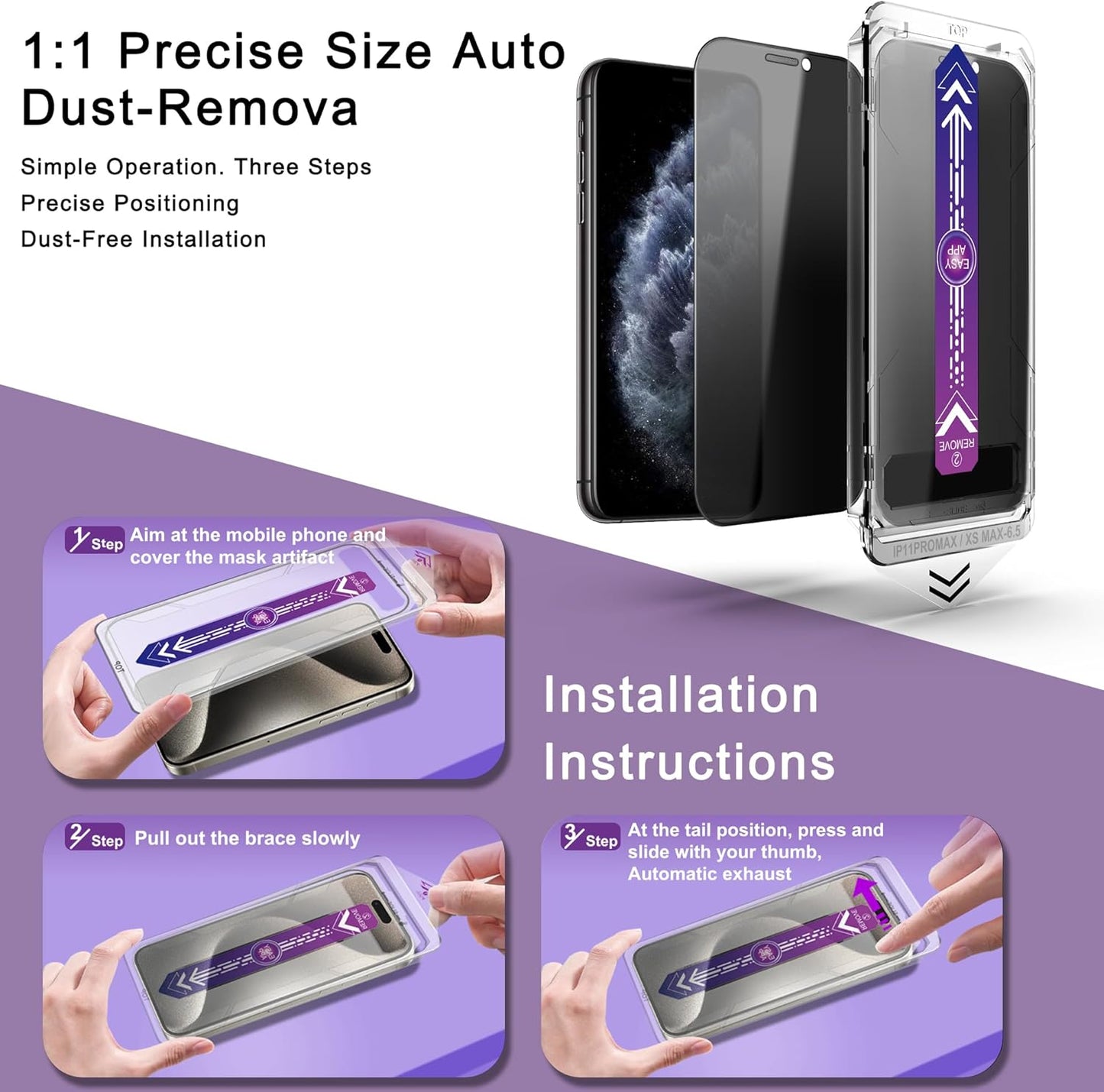 2 Pack Privacy Screen Protector for iPhone 11 Pro Max/iPhon XS Max, 9H Tempered Glass, Full Coverage, Anti-Fingerprint, Auto Dust-Elimination, No Bubble, Easy Installation