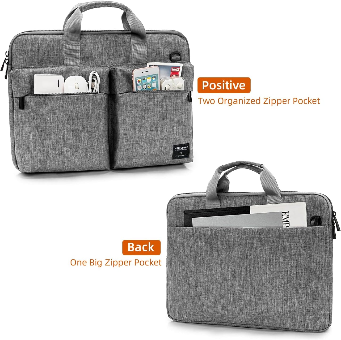 KINGSLONG 15.6 inch Laptop Shoulder Bag, Slim Shockproof Computer Sleeve Notebook Ultrabooks Carrying Case Handbag Cover Fit for Acer Asus Dell Lenovo HP Toshiba, Gray