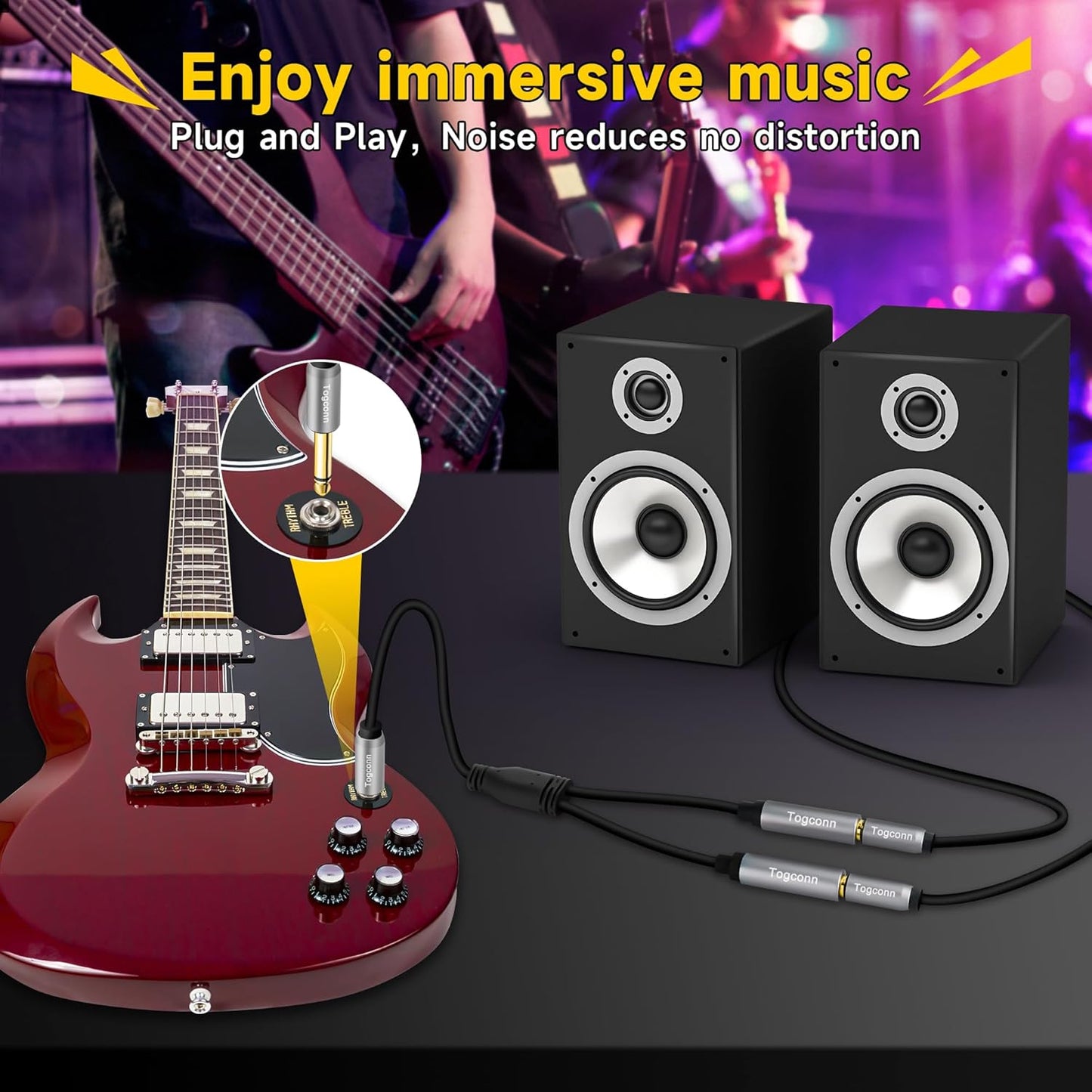 1/4 inch TS Mono Splitter Y Adapter, 6.35mm Mono Male to Dual 6.35 mm TS Mono Female Jack, Quarter inch Audio Speaker Splitter Converter Cable 1 Feet, Gold Plated Connectors