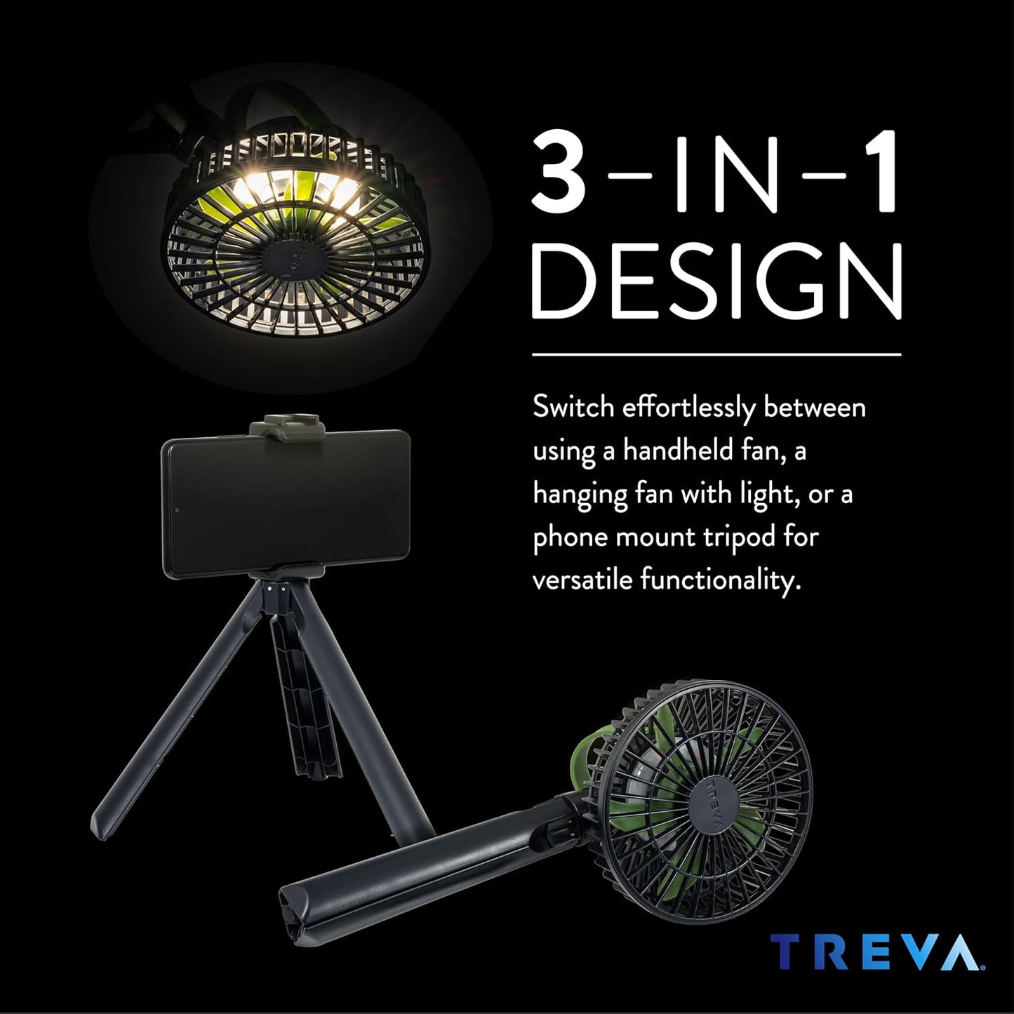 Treva 5 Inch Tripod Fan with Built-In Light and Attachable Phone Mount, Rechargeable 3-Speed Mini Fan with Handle for Travel, Camping, Outdoors