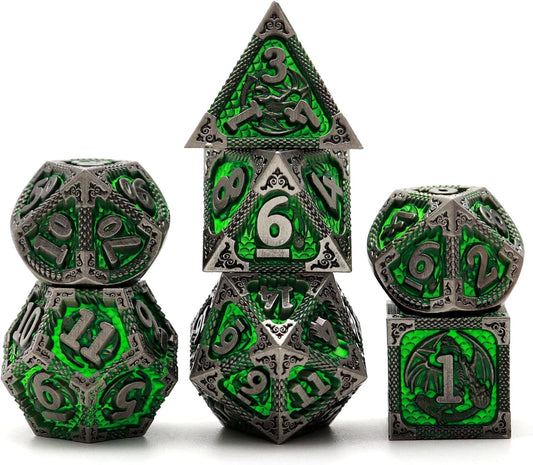 PJOY D&D Dice Set Metal DND Green Dice with Case Compatible with Dungeons and Dragons Ranger Gifts