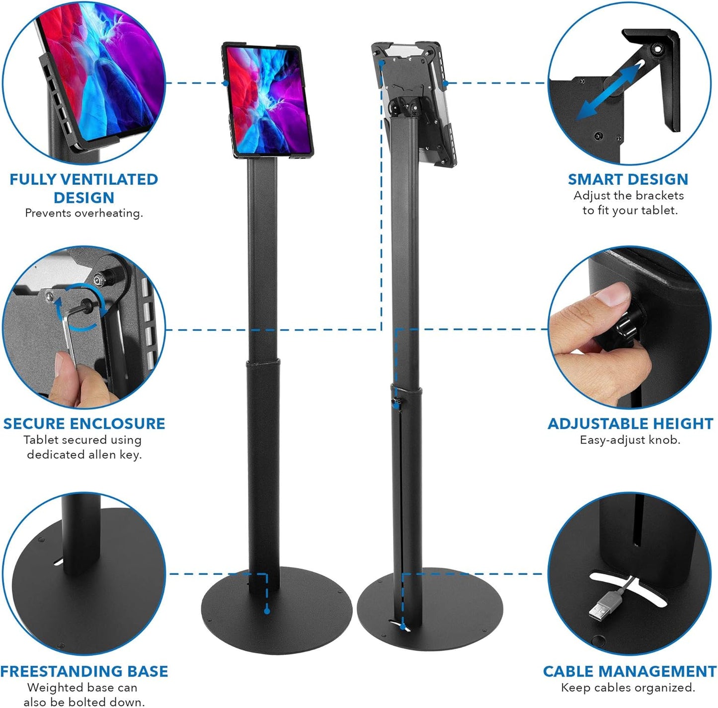 Mount-It! Anti-Theft Universal Tablet Kiosk Stand, Fits iPad Pro, Galaxy Tab, Surface Pro 9.7-13 Inch Tablets | Adjustable Floor Stand with Secure Locking for Retail, Trade Shows, POS, and Public Use