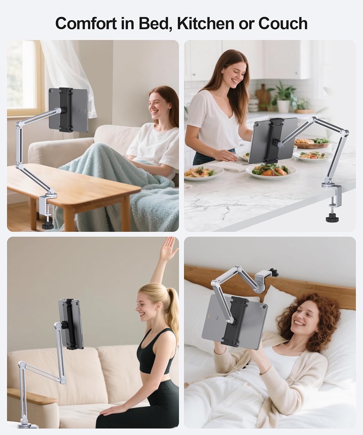 Tablet Arm Mount with Super Grip, Adjustable Foldable Holder & Heavy Duty Aluminum 360° Rotating Clamp for iPad, Phone, Monitor, Kindle - Universal for Desk, Bed, Kitchen - Silver
