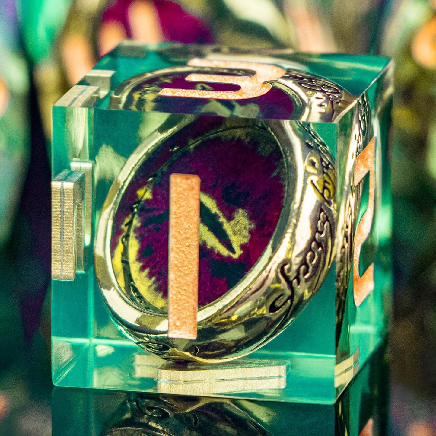 Magic Golden Ring DND Dice Set Sharp Edge Red Gaze Eye Resin Dice with Box, for use with RPG D&D Tabletop Games Lord Green D and D Polyhedral Dice Set