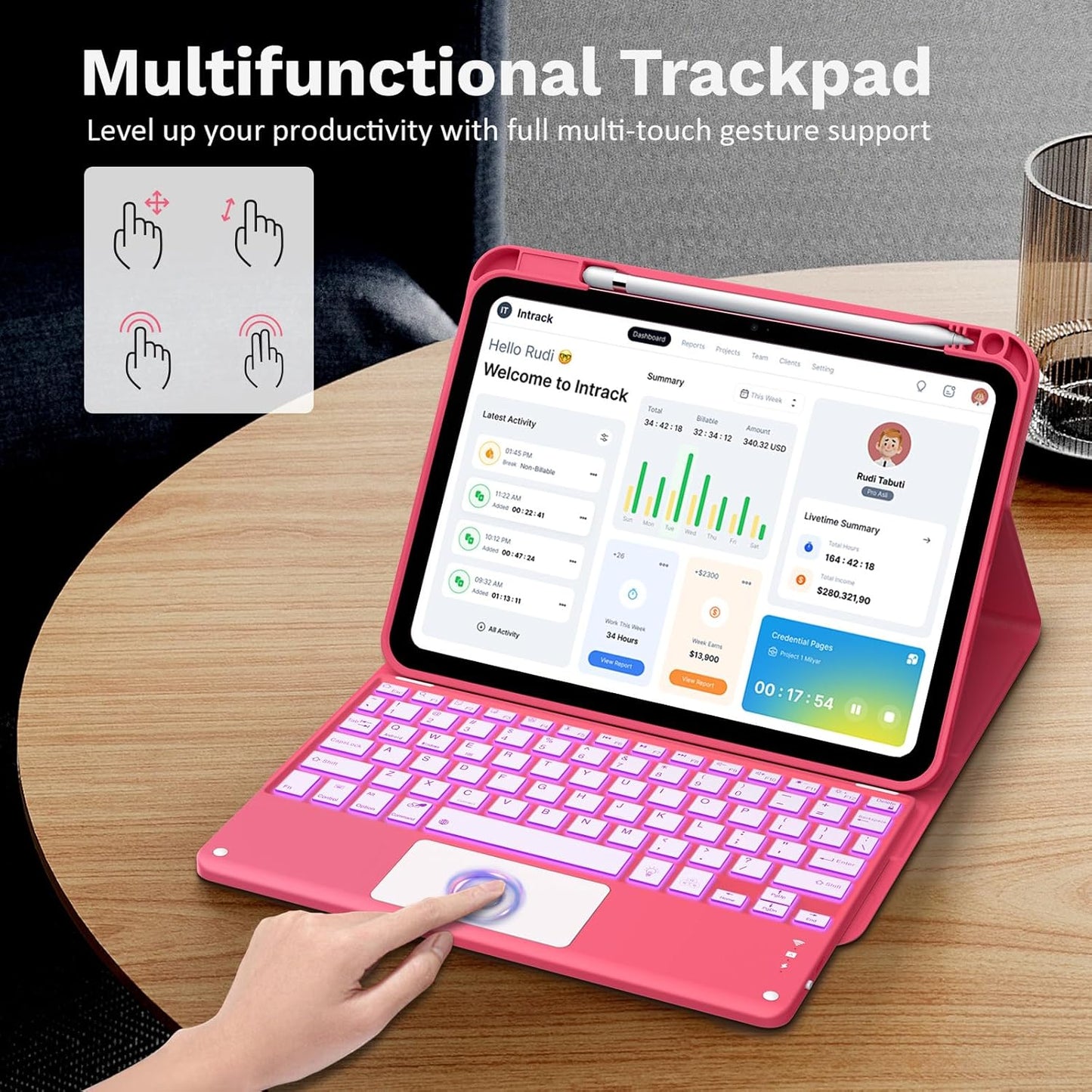 MoKo Touch Keyboard Case for iPad (A16) 11th Generation 11 inch 2025, iPad 10th Generation 10.9 inch Case with Pencil Holder, 7 Colors Backlit Multi-TrackPad Detachable Bluetooth Keyboard, Pink