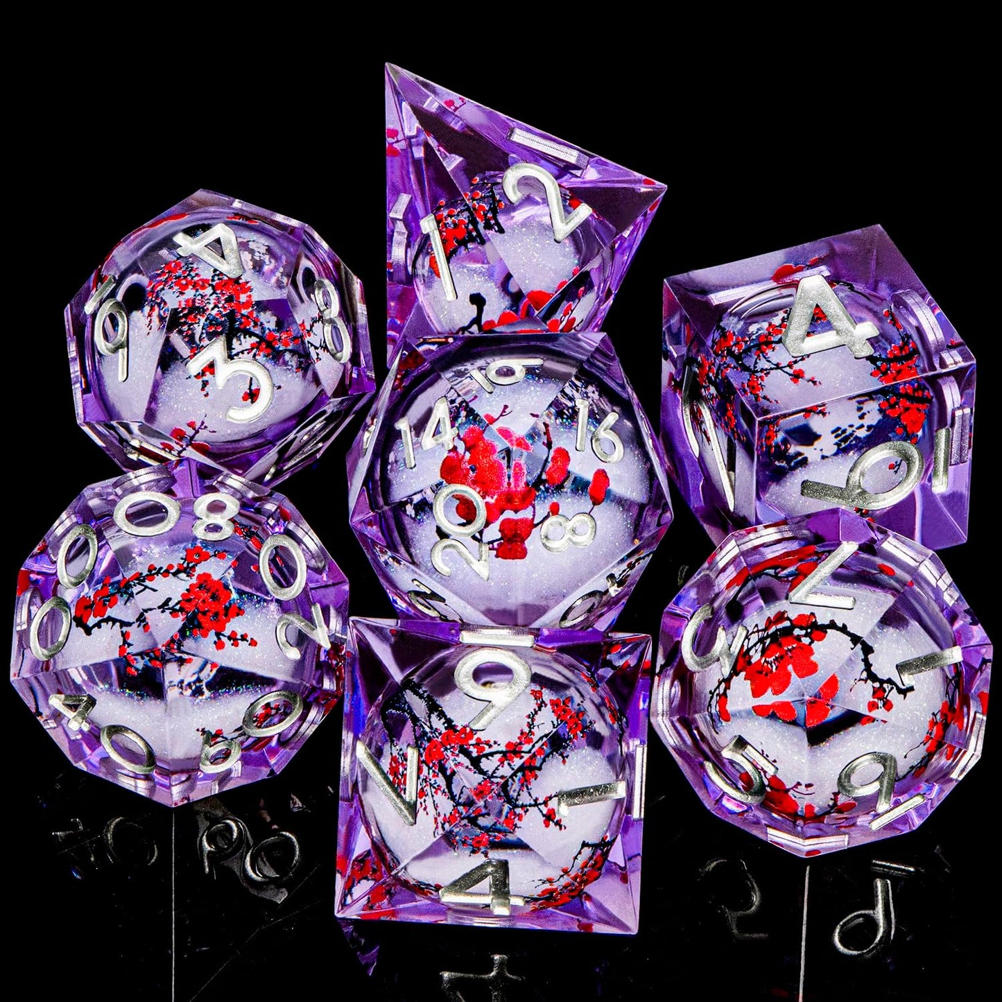 Plum Blossom DND Dice Purple Liquid Core Dice Set with Metal Box, Handmade Sharp Edge Dice D and D Polyhedral Dice for use with D&D RPG Role Playing Game