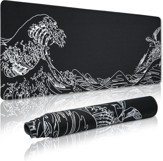 Large Gaming Mouse Pad for Desk,Kanagawa XXL Mouse Pad 35.4x15.7 Inch,Waterproof Desk Pad,Non-Slip Rubber Base Mice Pad,Keyboard Pad Computer Mat,Black Mouse pad