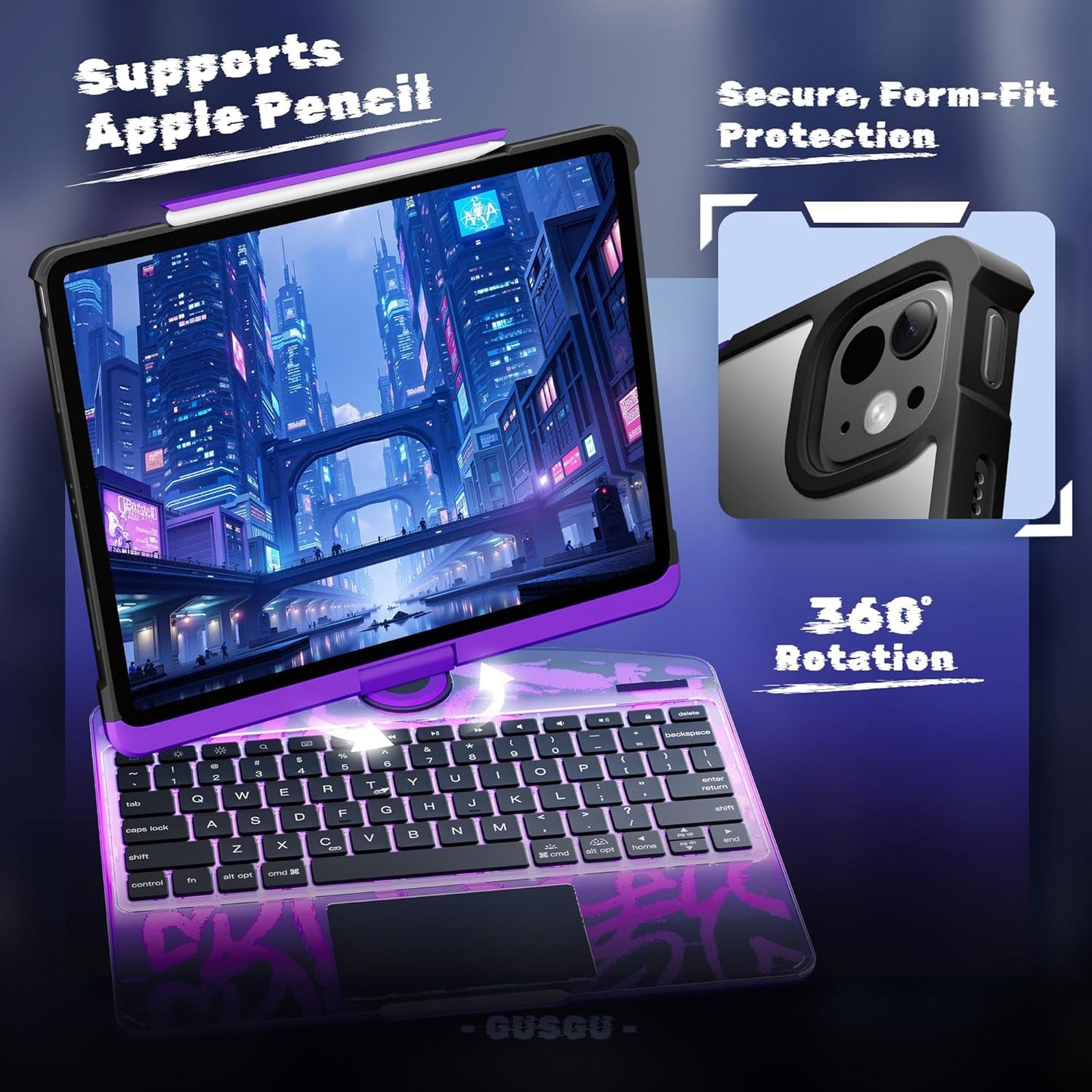 KITONE Transparent Case with Wireless Keyboard for iPad Air 13-in.(M3/M2, 2025/2024), 7 Colors Backlight, Trackpad, 360°Rotating Stand for iPad Pro 12.9-in (6/5/4/3 Gen), Tech Style