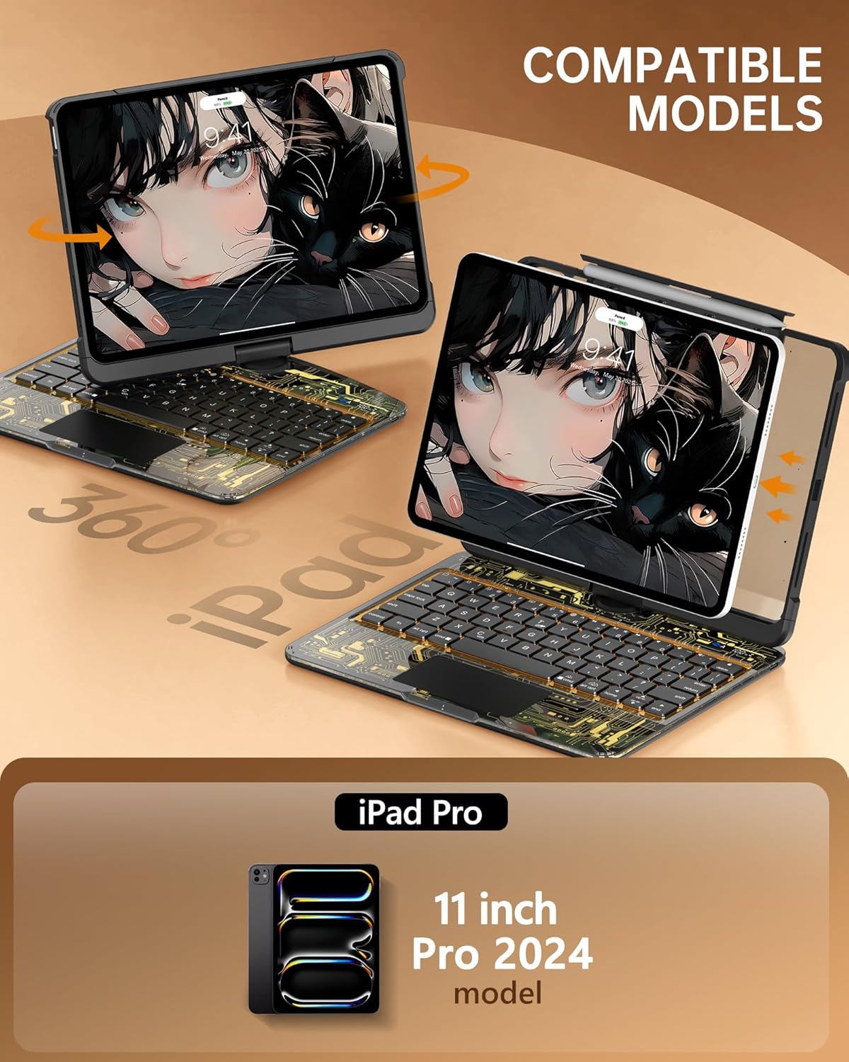 Intermerge Clear Keyboard Case for iPad Pro 11" (M4) 2024 Only, 360° Swivel Multi-Touch Trackpad, 7-Color RGB Backlit, Pencil Holder, Type-C, Power Indicator, Shadow Pulse