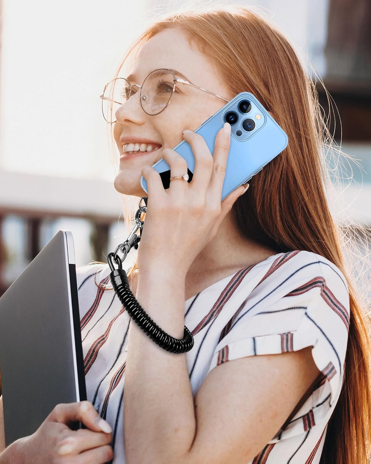 SHANSHUI Phone Tether Lanyard, Strong Spring Rope Climbing Hook, 4x Phone Tether Tabs Free Your Hand Stylish Phone Chain Strap for All Smartphones - 2PCS Black White