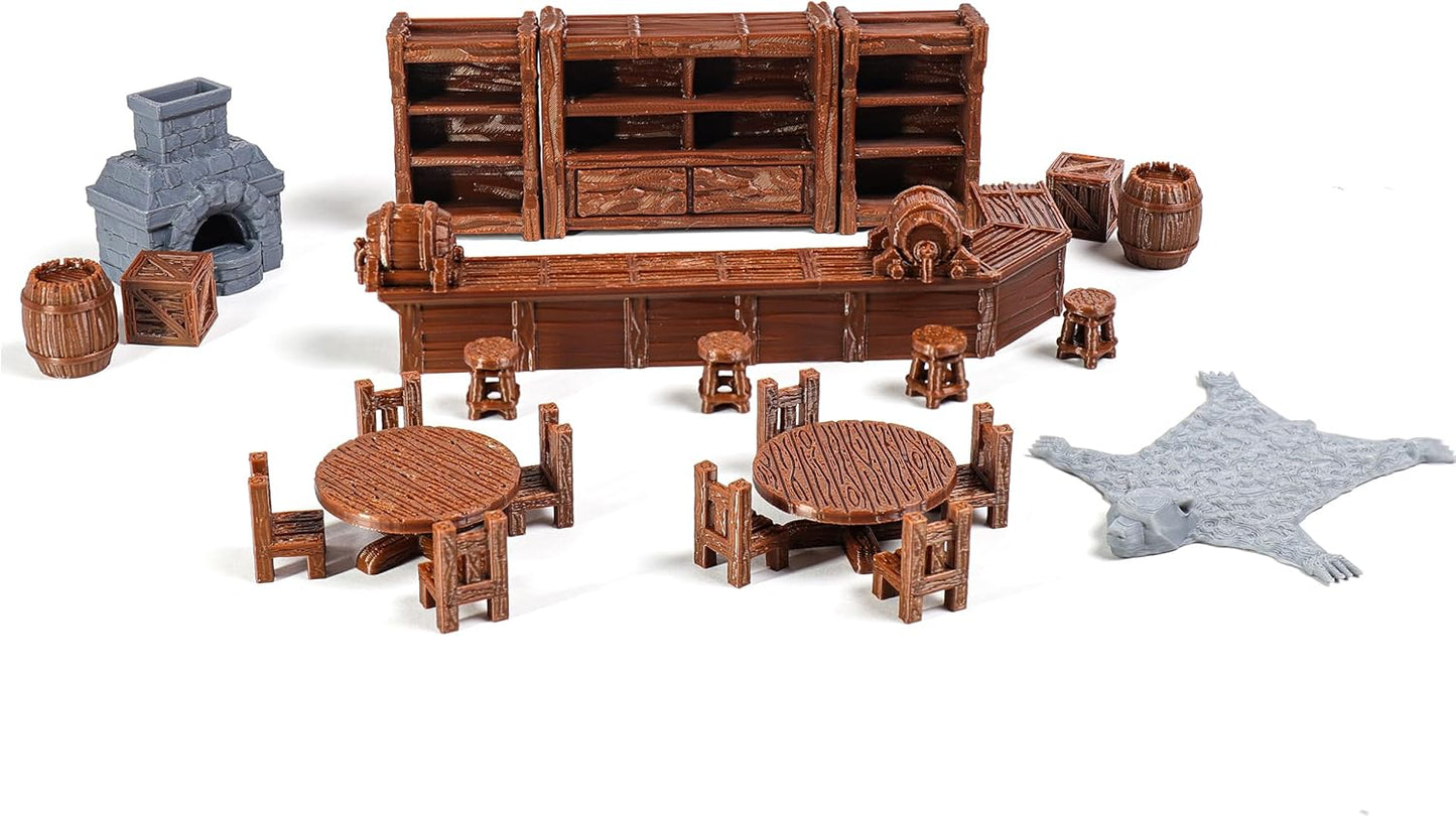 Tavern Bar Furniture Set, D&D Terrain, 3D Printed Tabletop RPG Scenery and Wargame Terrain 28mm Dungeon Miniatures