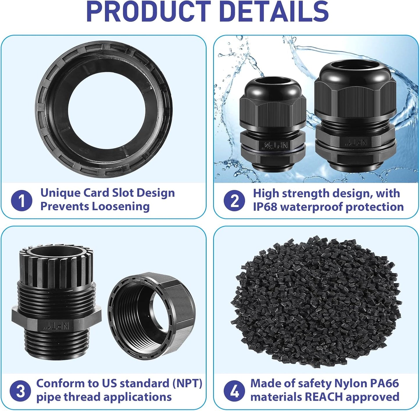 10 PCS 3/4"(12.5-18mm) NPT Nylon Cable Gland Joints with Gaskets, IP68 Adjustable Lock Nut Strain Relief Cord Grip Waterproof Cable Glands - UL Listed and RoHS Compliant