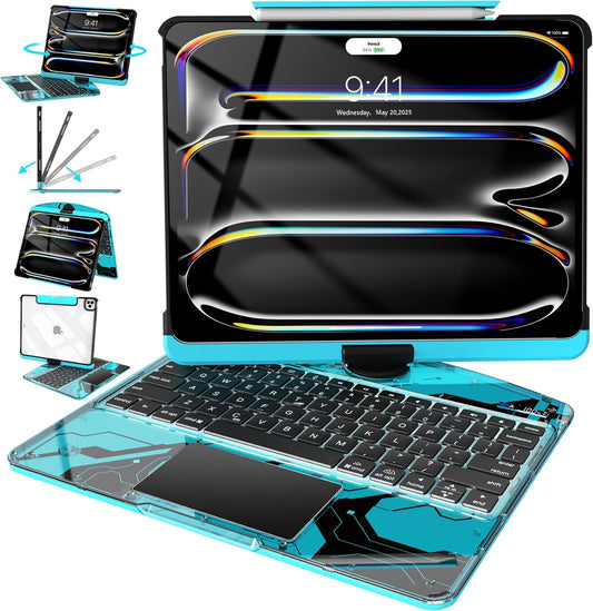 Intermerge Clear Keyboard Case for iPad Pro 13" (M4) 2024 Only, 360° Swivel Multi-Touch Trackpad, 7-Color RGB Backlit, Pencil Holder, Type-C, Power Indicator, Aqua Pulse