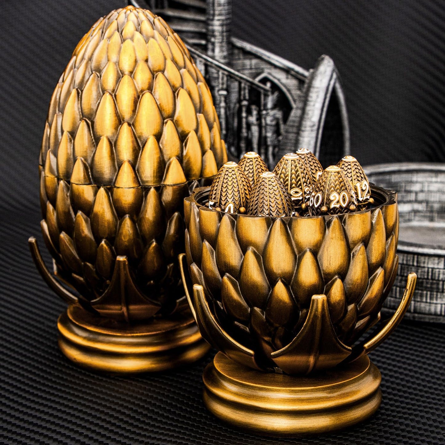 ARUOHHA DND Metal Dice Antique Gold Dragon Egg Dice with Rotating Dragon Egg Shell, Role Playing Game RPG Polyhedral D and D Dice Set D20 D12 D10 D8 D6 D4