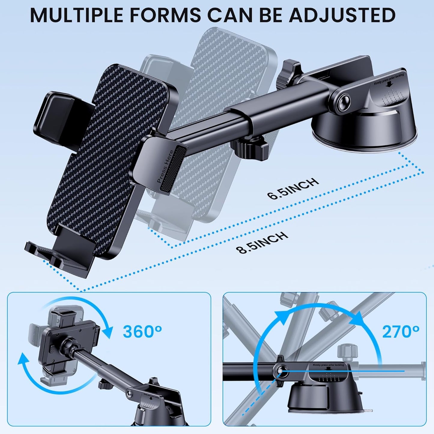 Phone Holder Car [Military Grade Suction Ultra Strong Base] Cell Phone Car Holder 3 in 1 Dashboard Windshield Air Vent Hands-Free for iPhone Android Phones