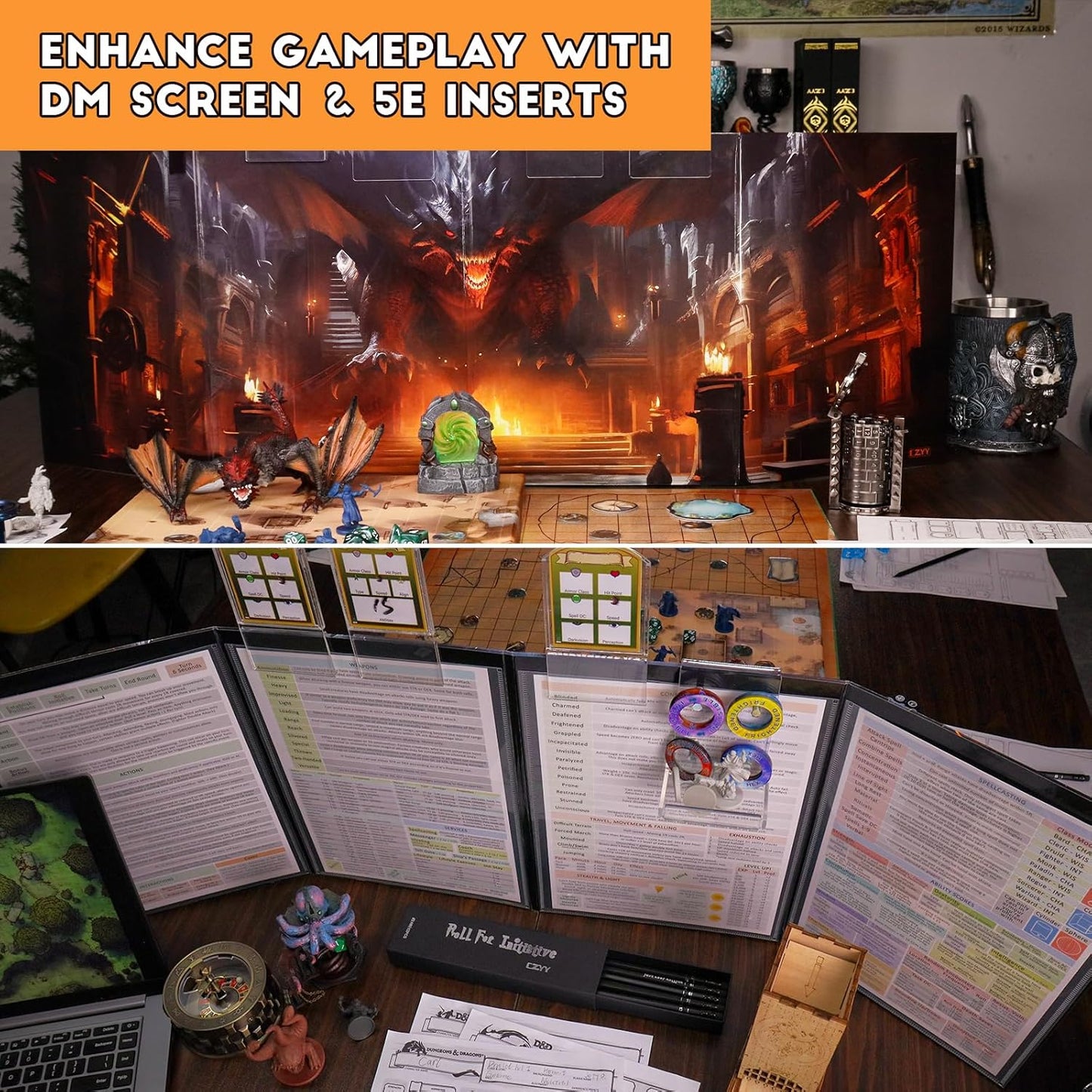 CZYY Foldable Battle Mat with DM Screen, Game Tokens, Dice Set, Markers - 2-Sided Wet & Dry Erase Terrain, Ultimate DND Starter Set, Accessories, Gift for Dungeon Master & Player