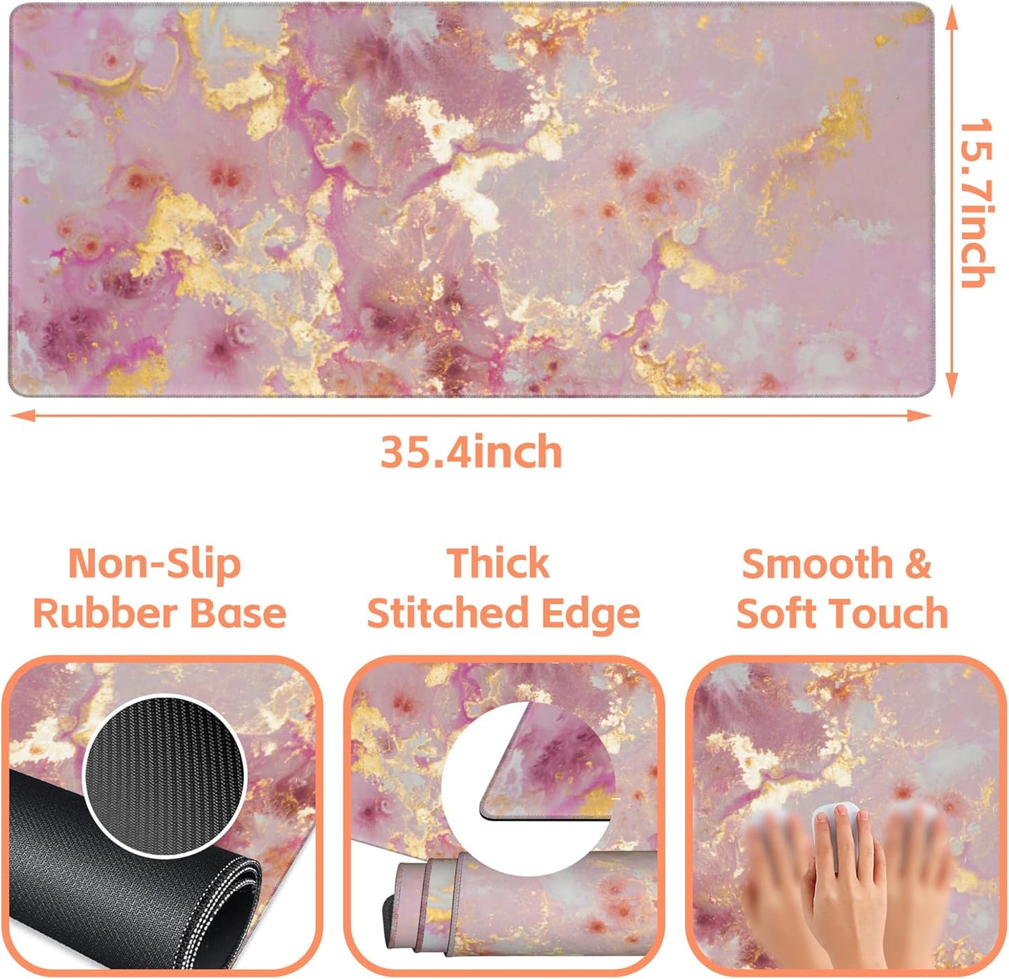 Mouse Pad Large Pink and Gold Marble Non-Slip Gaming Desk Mat with Stitched Edge Laptop Keyboard Desk Pad for Work Home Gaming (35.4 x 15.7 Inches)