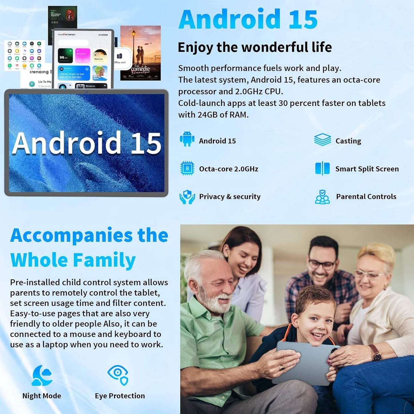 Android 15 Tablet, 11 inch Tablet with Keyboard, 24GB RAM (4GB RAM and 20GB Extend)+128GB, 1TB Expand, Octa-Core, 2.4G/5G WiFi, 8000mAh, BT V5.0, GMS Certified with Case, Mouse, Stylus(Silver)