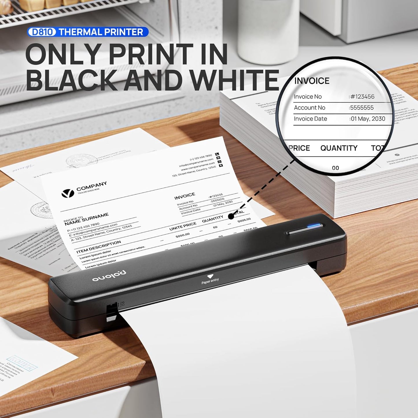 POLONO Portable Printer, D810 Inkless Bluetooth Thermal Printer Wireless for Travel, Compatible with iOS, Android, Laptop, Supports 8.5"x11" US Letter for Office, Car, Home, Black, 1 Pack