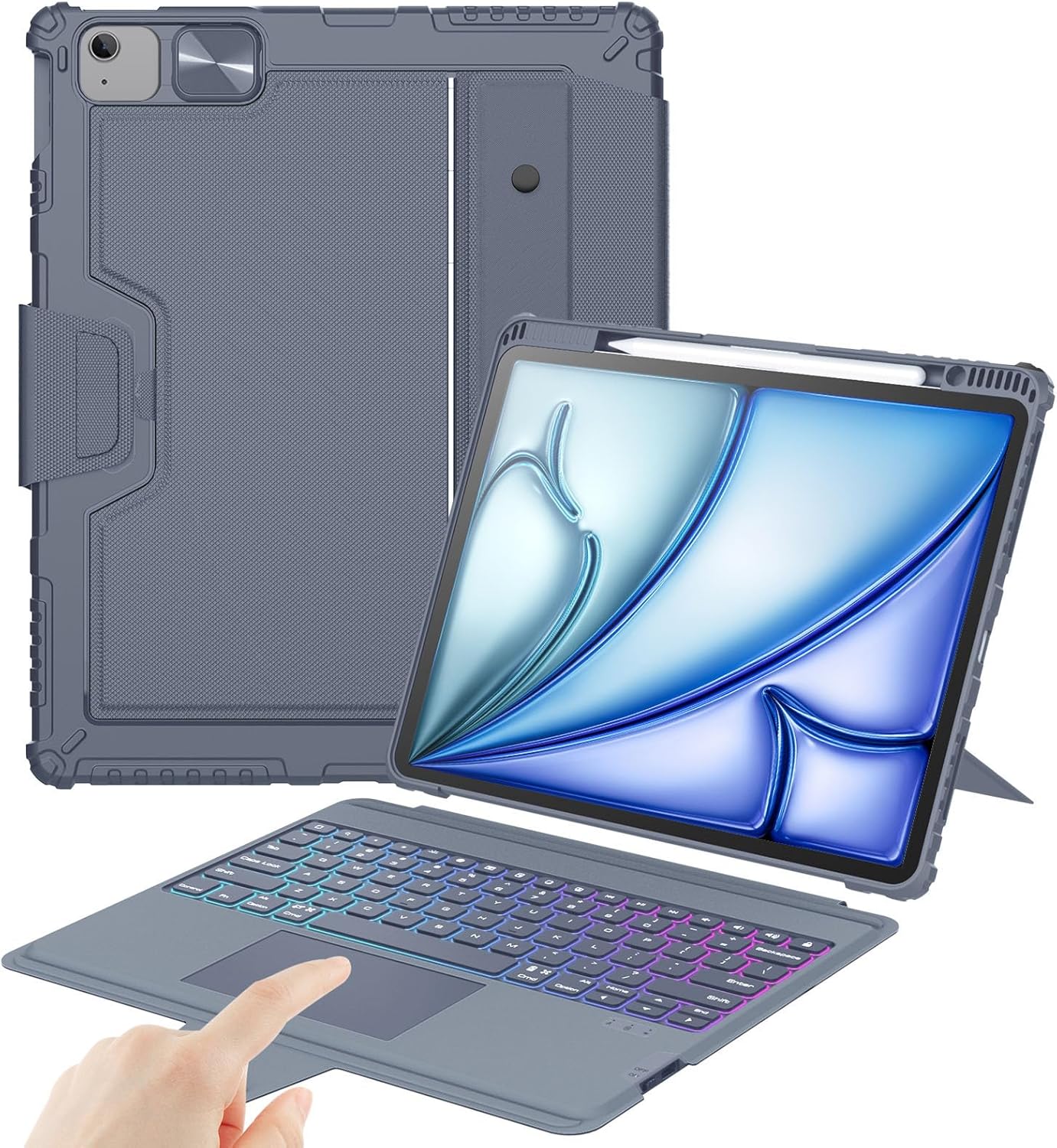 Nillkin Keyboard Case for iPad Air 13-inch (M3 2025/M2 2024), iPad Pro 12.9-inch (6th/5th/4th/3rd Gen) Rugged Case with Detachable Keyboard, Magic Trackpad, 7-Color Backlit, Portrait/Landscape, Gray