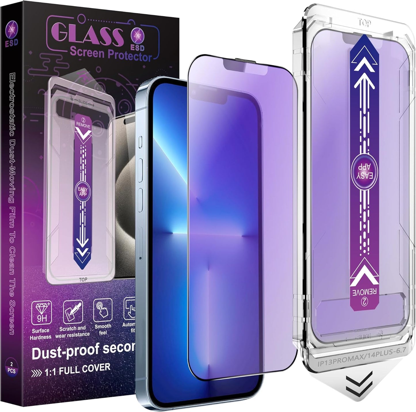 2 Pack Anti Blue Light Matte Screen Protector for iPhone 13 Pro Max/iPhone 14 Plus, 9H Tempered Glass, Full Coverage, Anti-Fingerprint, Auto Dust-Elimination, No Bubble, Easy Installation