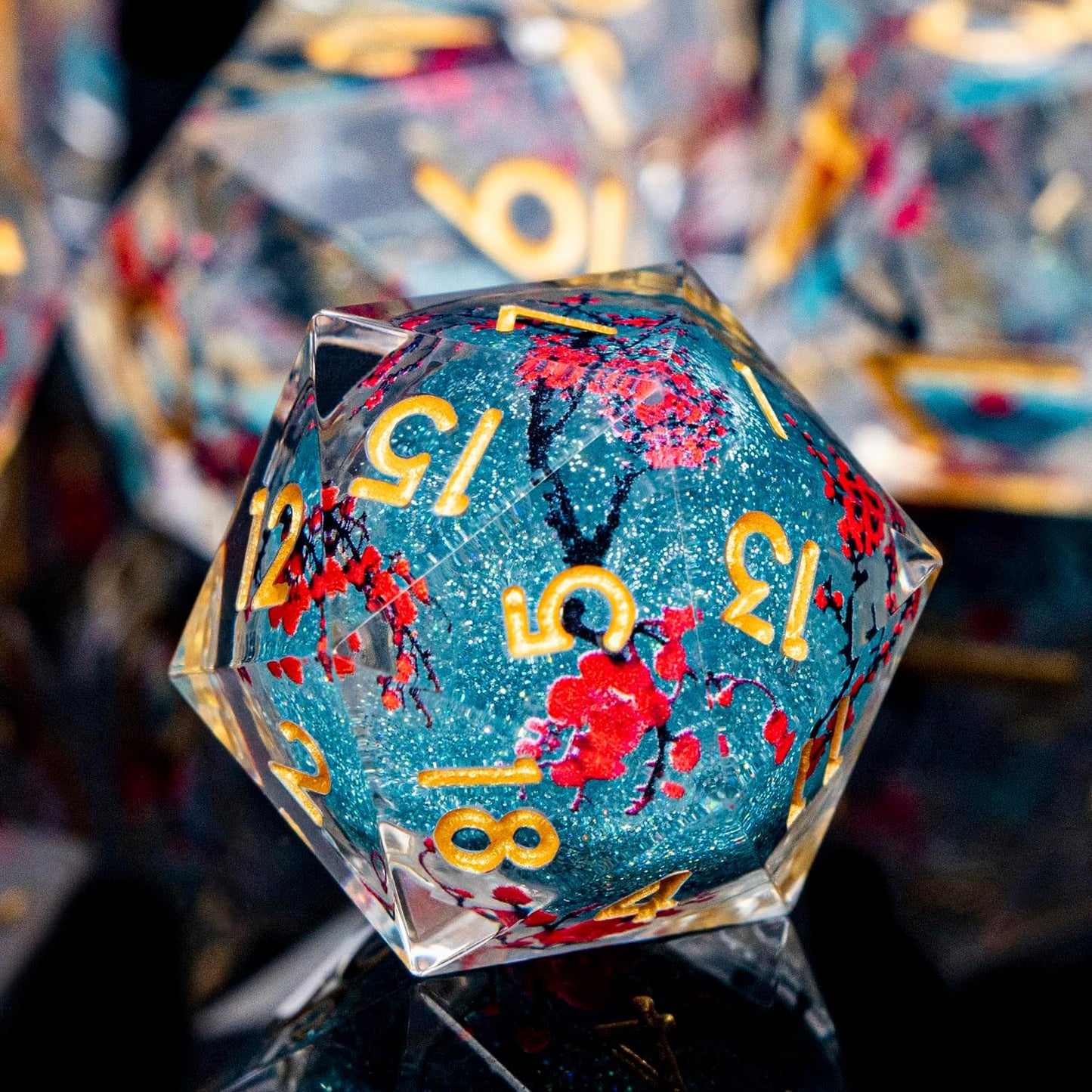 Plum Blossom DND Dice Blue Liquid Core Dice Set with Metal Box, Handmade Sharp Edge Dice D and D Polyhedral Dice for use with D&D RPG Role Playing Game ﻿