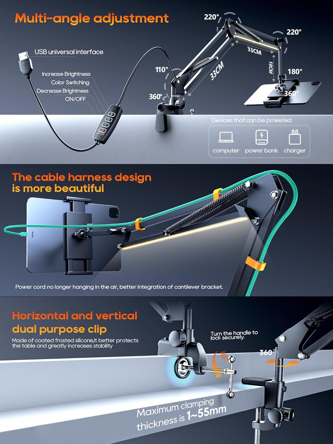 Universal Tablet Stand, Adjustable with Light, Compatible with iPad/iPhone/iPad Pro/N-Switch, or Other 4.513.5 Inches Devices (Black)