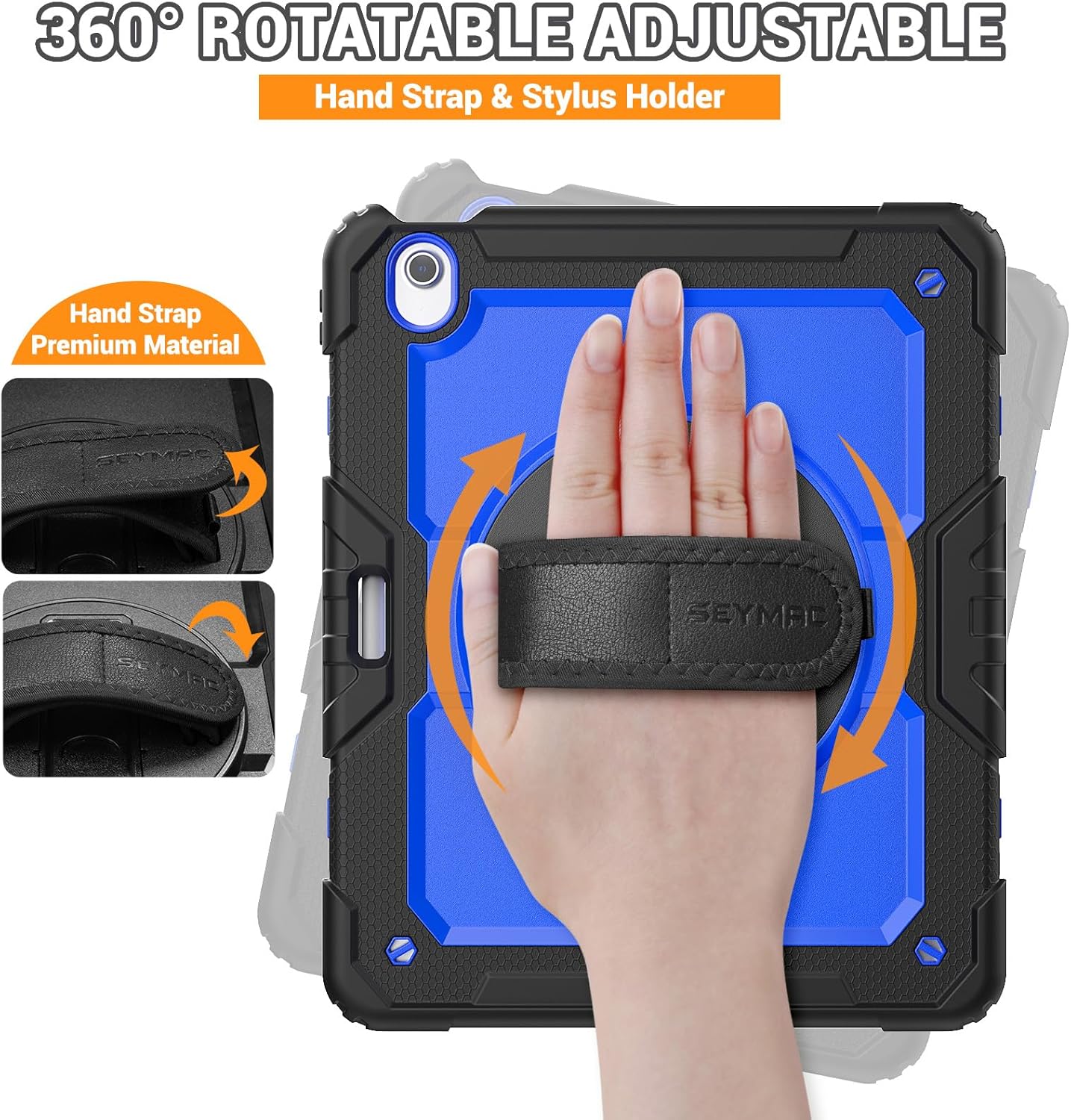 SEYMAC for iPad Air 13 Inch Case M3 2025/ M2 2024, Heavy Duty Shockproof Protective Case with Screen Protector, 360° Rotating Stand, Hand/Shoulder Strap and Pen Holder for iPad Air 13, Blue