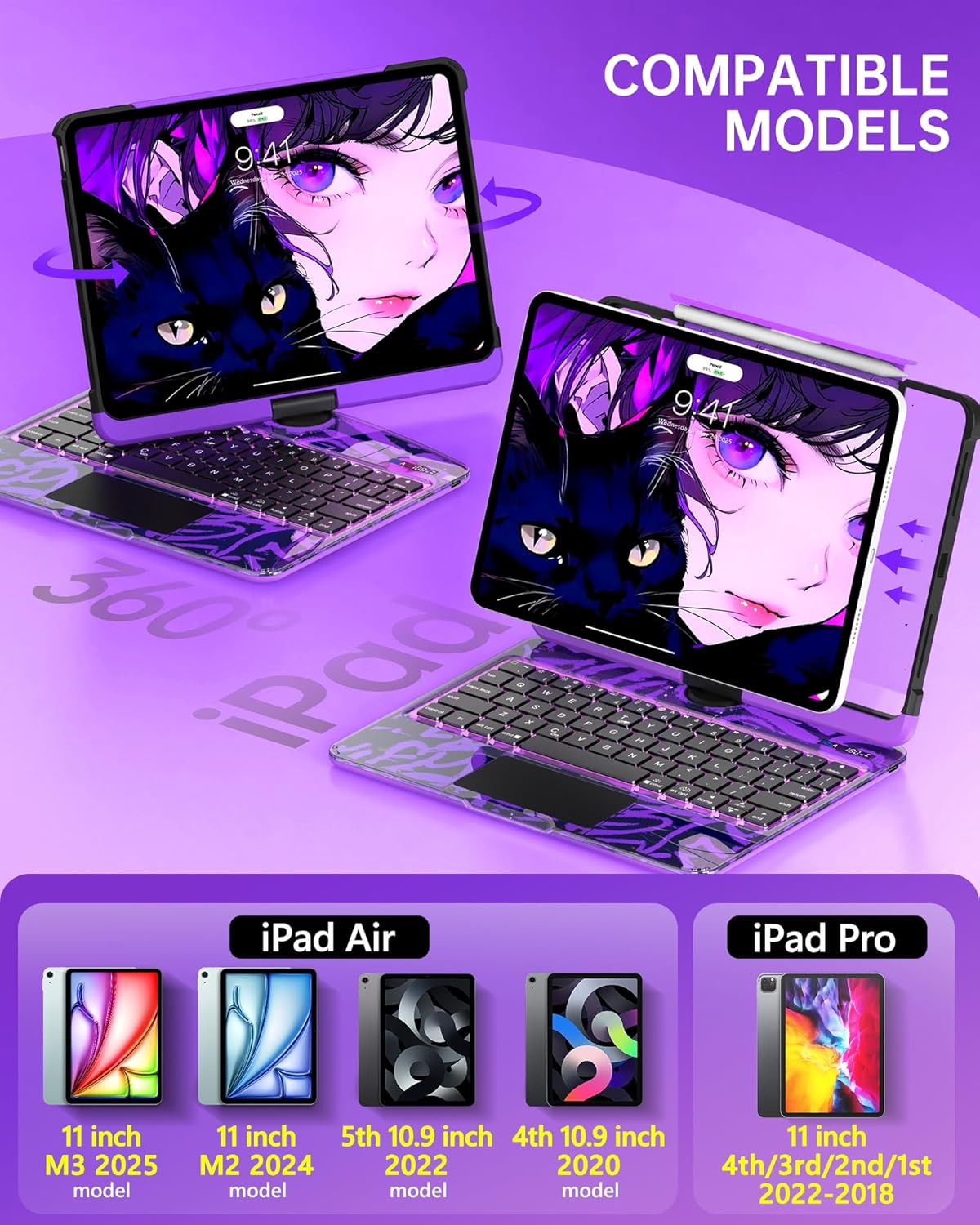 Intermerge Clear Keyboard Case for iPad Air 11" (M3/M2, 2025/2024), Air 5th/4th, Pro 11" 2022-2018, 360° Swivel Multi-Touch Trackpad, 7-Color Backlit, Pencil Holder, Type-C, Neon Pulse