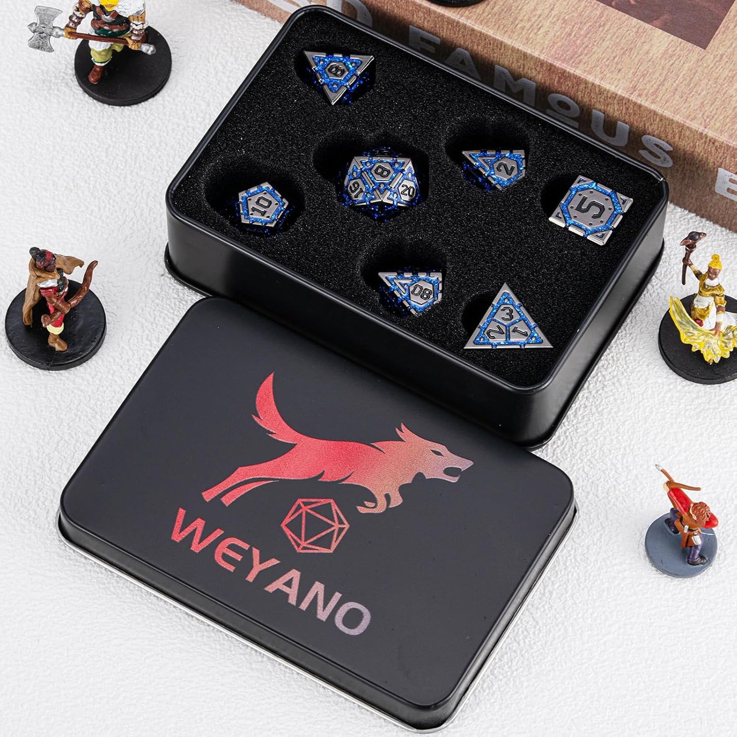 DND Metal Dice Set with Cracks, Polyhedral Dice for RPG D&D Dungeons and Dragons RPG TTRPG D and D 7-Die with Gift Case (Black Nickel Sapphire Blue)