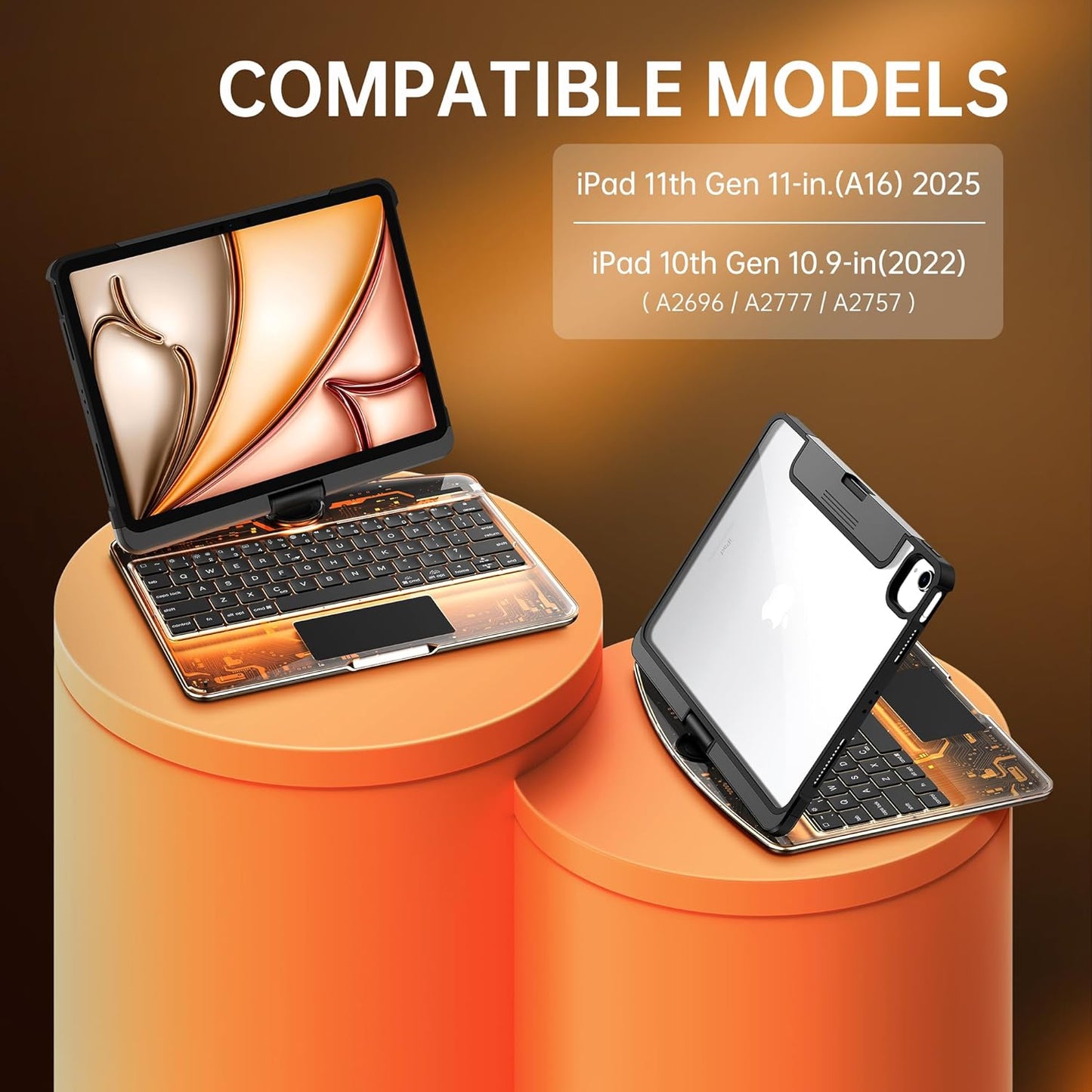 GUSGU Transparent Case with Wireless Keyboard for iPad 11th Gen 11-in.(A16, 2025), 2022 iPad 10th Gen 10.9-in, 7 Colors Backlight, Trackpad, 360°Rotating Stand, Tech Style