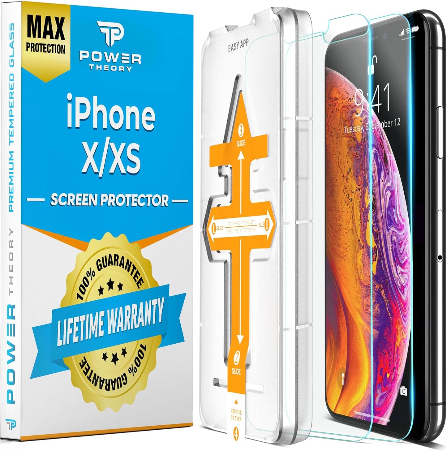 Power Theory Designed for iPhone X, iPhone Xs Screen Protector Tempered Glass [9H Hardness], Easy Install Kit, 99% HD Bubble Free Clear, Case Friendly, Anti-Scratch, 2 Pack