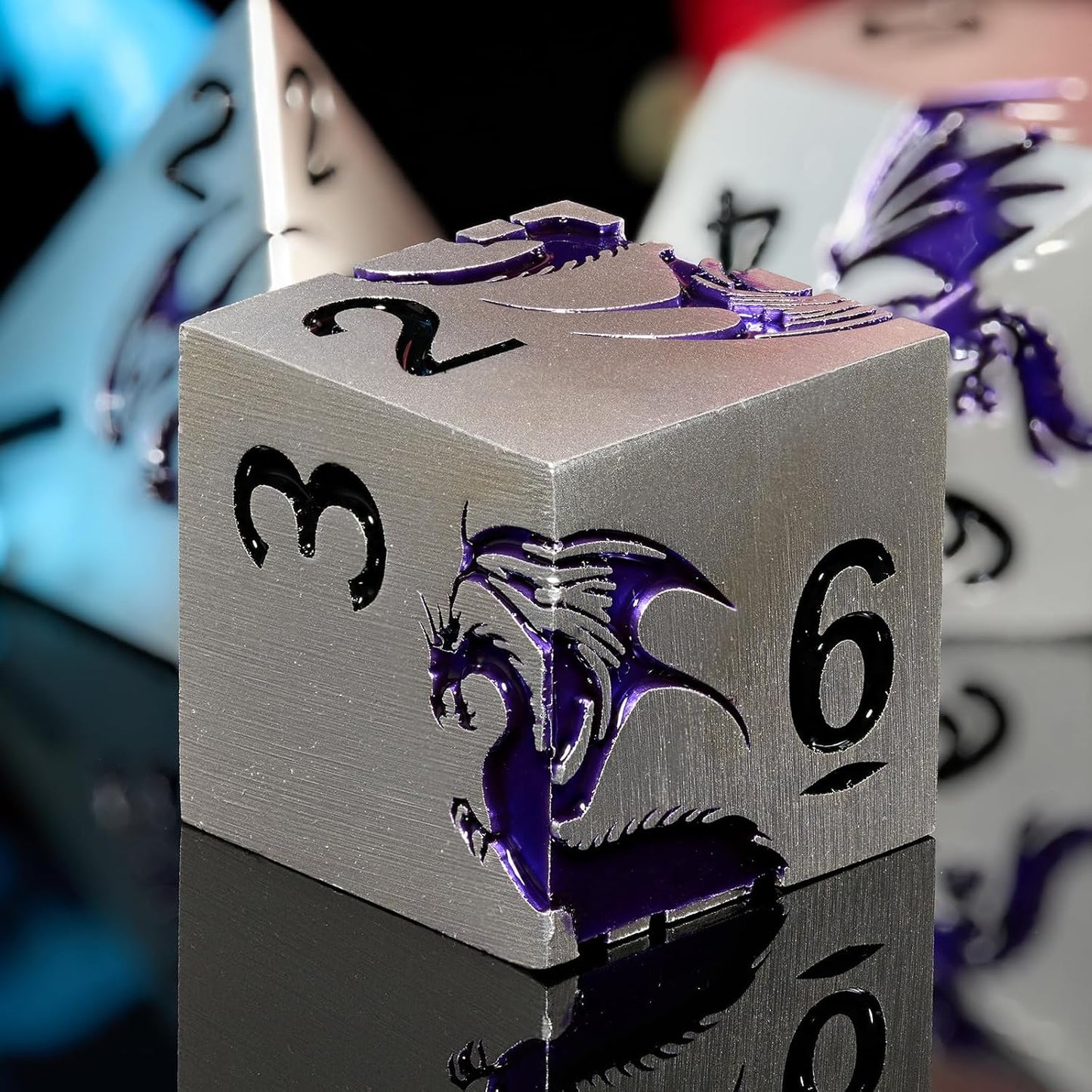 Purple Dragon Metal Dice HNCCESG 7 Piece Heavy Metallic D&D Dice Set with Dungeons and Dragon Gift Dice Box for TTRPG Tabletop Game (Matte Silver Purple)