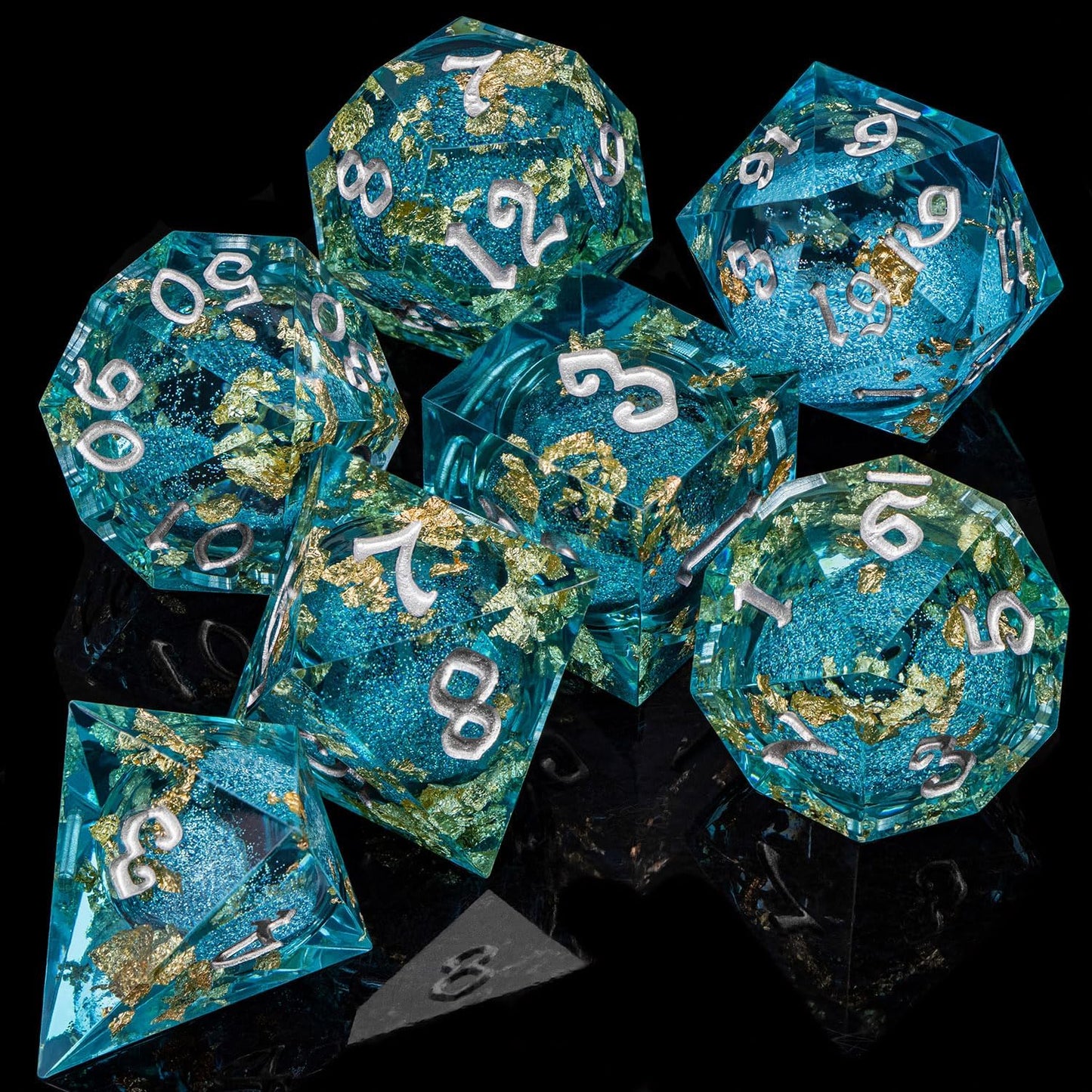 ARUOHHA Liquid Core DND Dice Set, 7pcs Resin Sharp Edged Dragons Dice RPG Role Playing Games, Silver Numbers Blue Dungeons Polyhedral Dice with Gift Box D20 D12 D10 D8 D6 D4