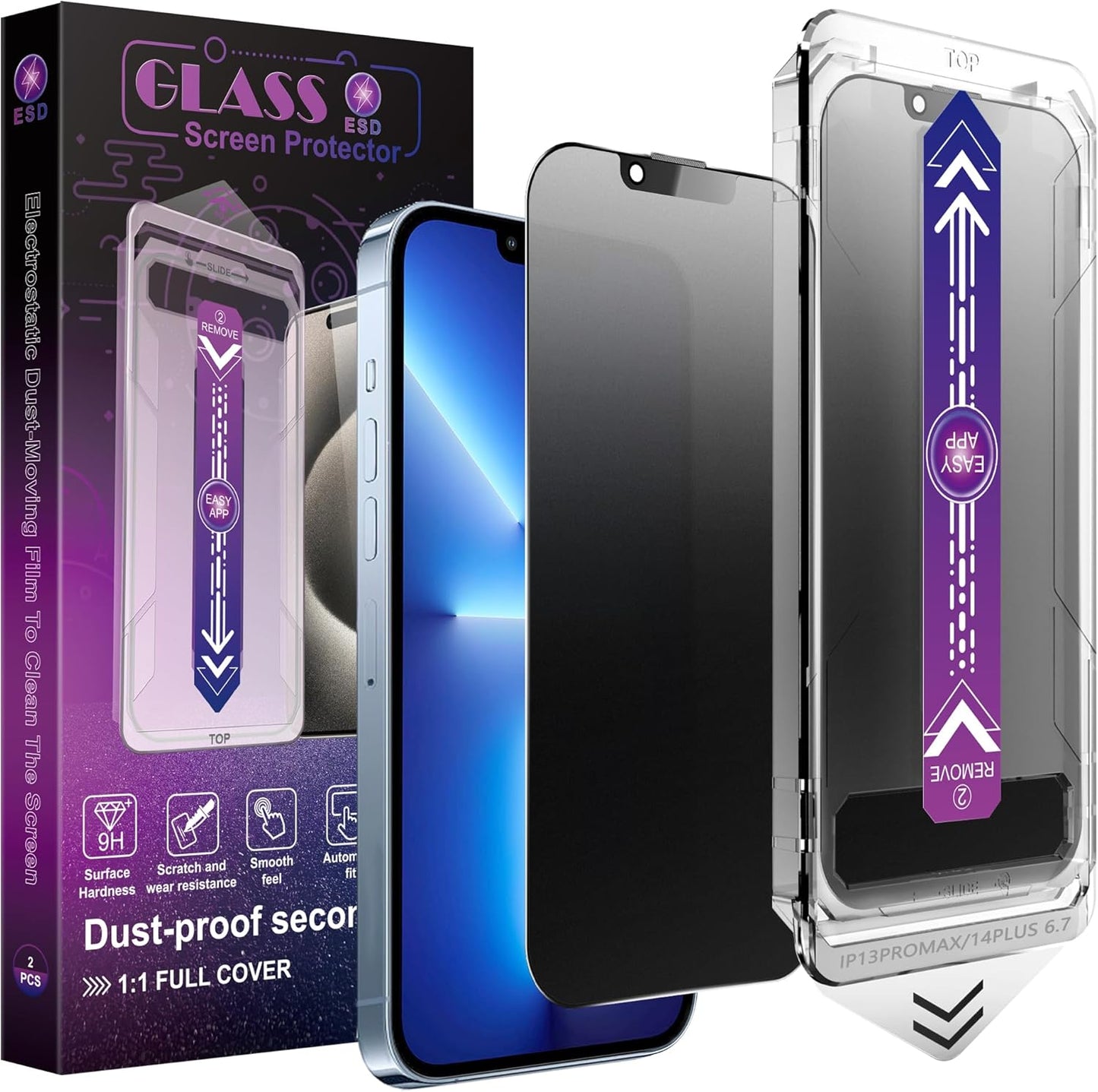 2 Pack Matte Privacy Screen Protector for iPhone 13 Pro Max/iPhone 14 Plus, 9H Tempered Glass, Full Coverage, Anti-Fingerprint, Auto Dust-Elimination, No Bubble, Easy Installation