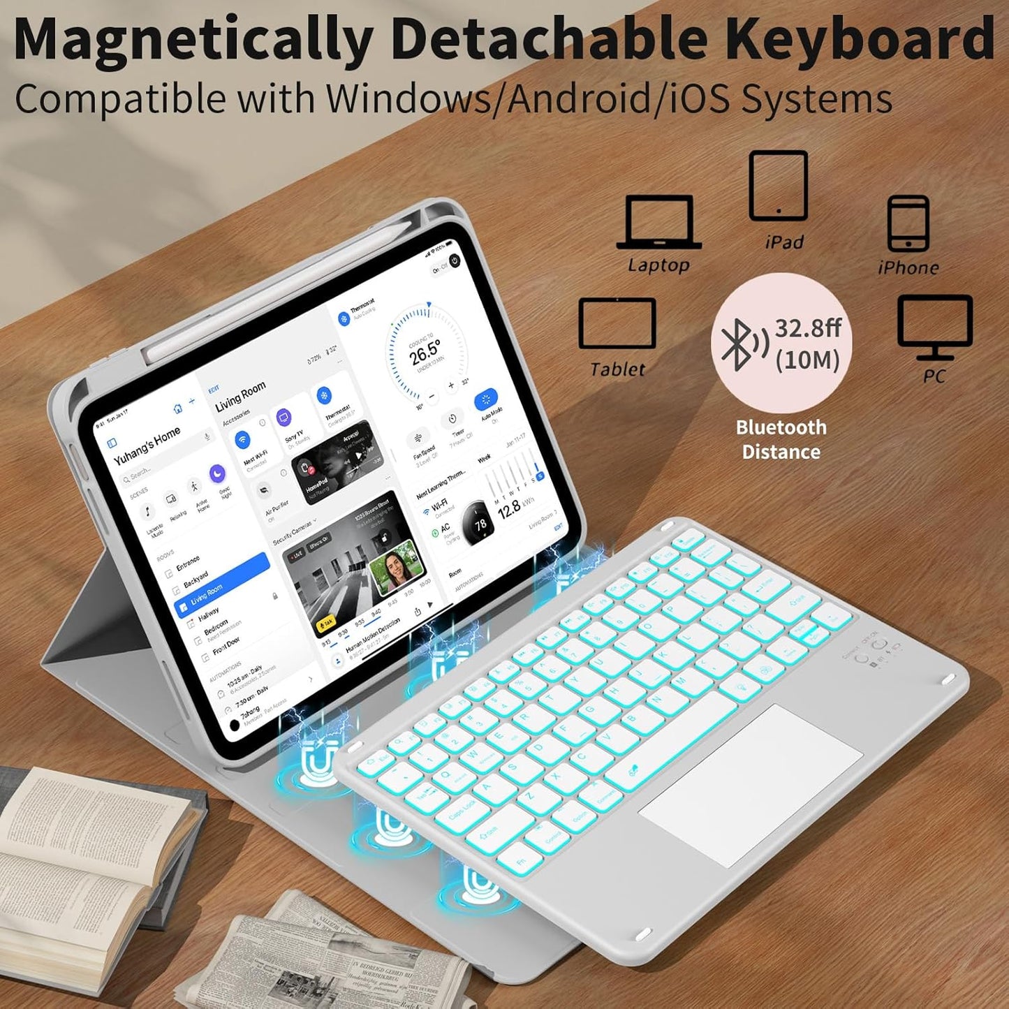 JKSML for iPad(A16) 11th/10th Generation Case with Keyboard (11/10.9 inch) 2025/2022, 7 Color Backlight Detachable Bluetooth Cover with Trackpad, Flip Stand Case Thin with Pencil Holder, Haze Gray