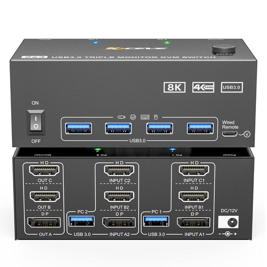 KVM Switch 3 Monitors 2 Computers 8K@60Hz/4K@144Hz, HDMI Displayport KVM Switches for 2 PC Sharing Triple Monitor and Keyboard Mouse with Power Adapter, Wired Extend Controller and USB3.0 Cables