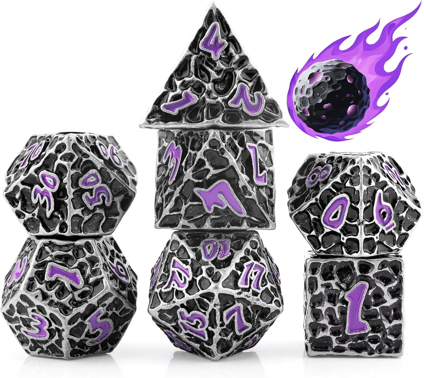 PJOY Metal Dice Set D&D for Dungeons and Dragons Dice with Case Meteorite Iron Purple 7PCS 16mm Role Playing Cool DND Gifts for Players DM Board Game Masters Wizards