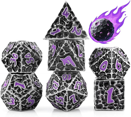 PJOY Metal Dice Set D&D for Dungeons and Dragons Dice with Case Meteorite Iron Purple 7PCS 16mm Role Playing Cool DND Gifts for Players DM Board Game Masters Wizards
