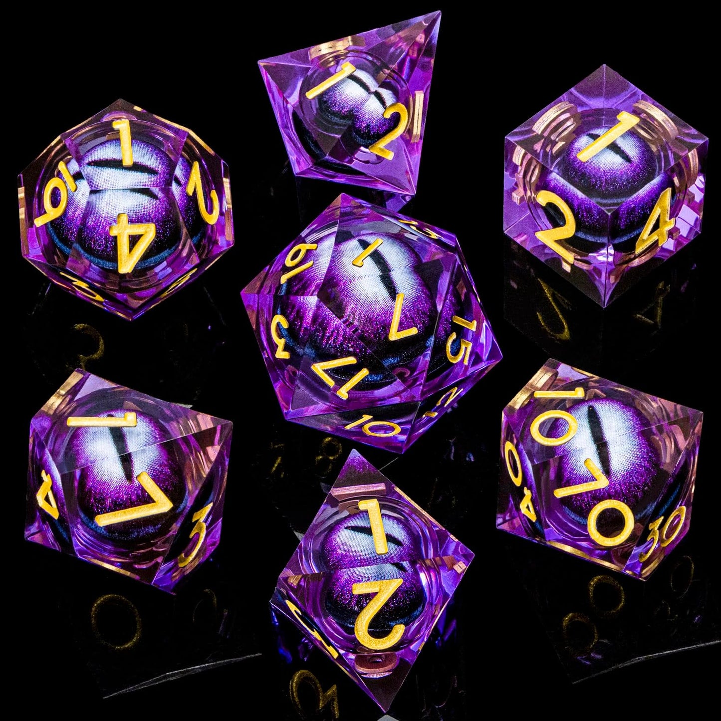 ARUOHHA DND Resin Dice Dragon Eye Dice Liquid Core Purple Sharp Edged Dice Set with Gift Box, Dungeons Polyhedral D and D Dice Set Compatible with D&D Role Playing Game D20 D12 D10 D8 D6