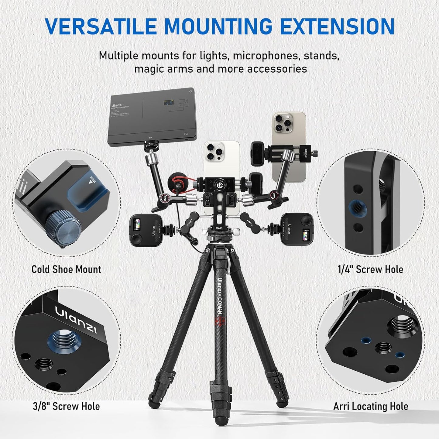 Ulanzi MA53 Metal Tripod Phone Mount, Smartphone Tripods Adapter with Arca Swiss/Uka Port, 2 Cold Shoe, 360° Cellphone Tripod Mount, iPhone Samsung Holder for Photo Video Vlogging Rig