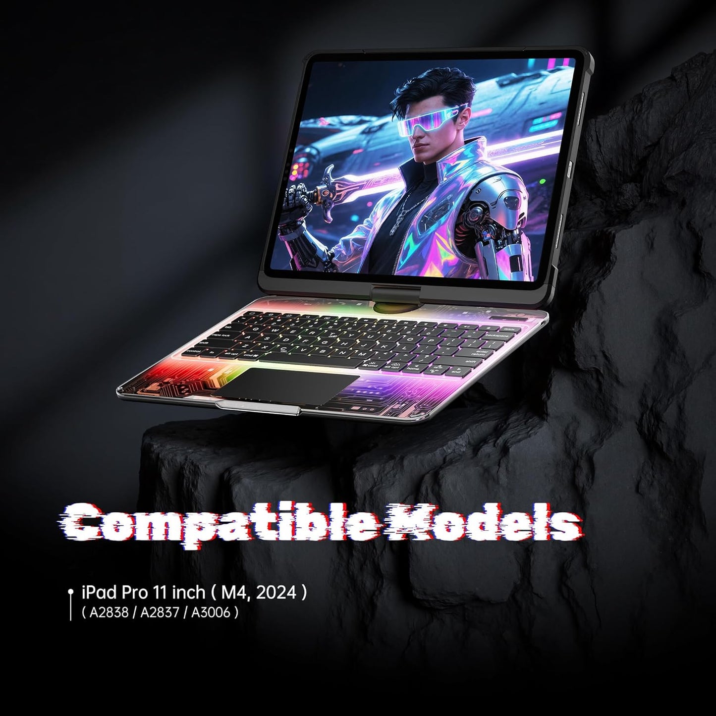 KITONE Transparent Case with Wireless Keyboard only for 2024 iPad Pro 11-in.(M4), 7 Colors Backlight, Trackpad, 360°Rotating Stand for iPad Pro 11(5th Gen), Tech Style